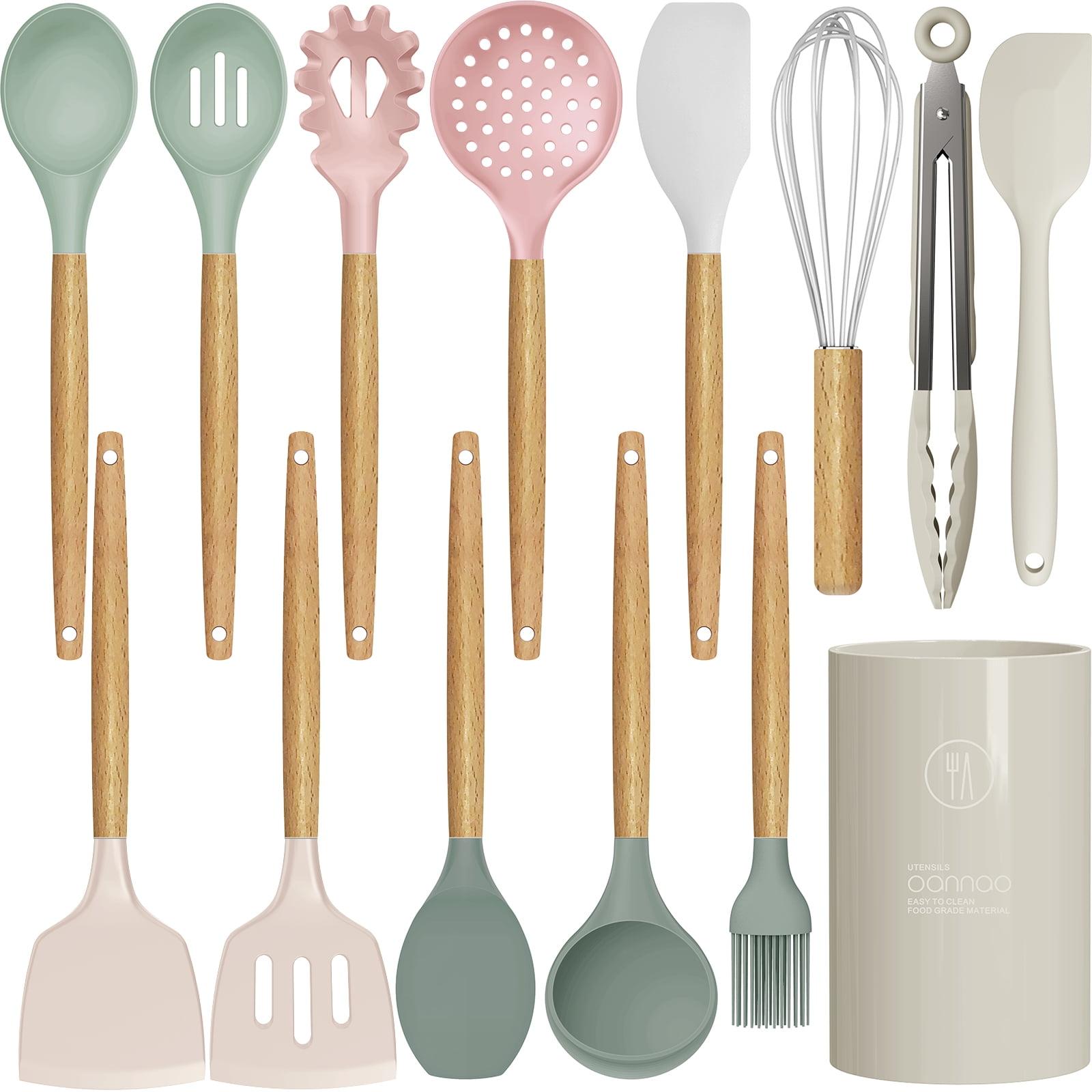 Colorful Silicone and Wood 14-Piece Cooking Utensil Set