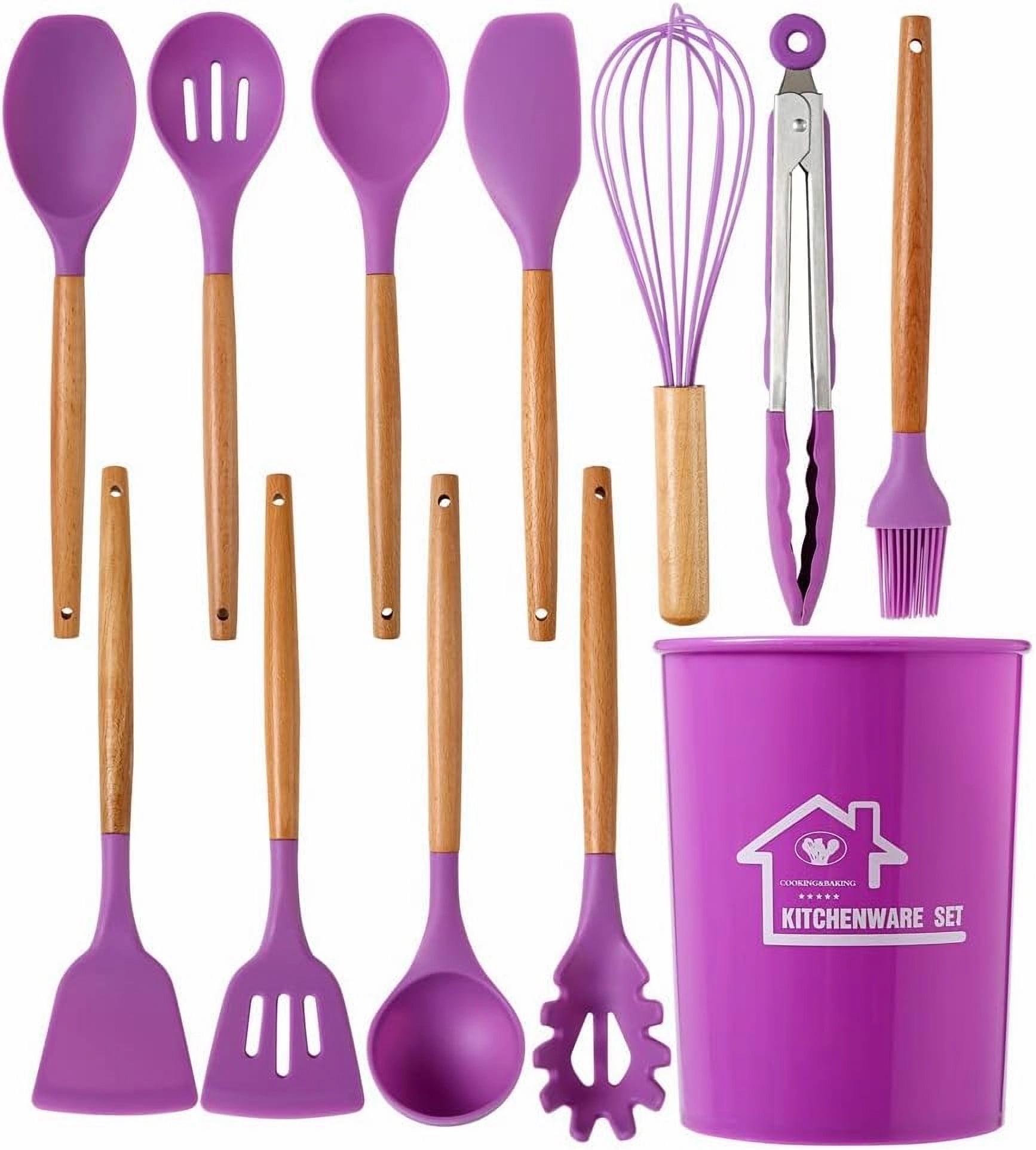 Silicone Cooking Utensils Set, KOSIY 12PCS Kitchen Utensils w/ Holder Wood Handle Non-Stick, Purple