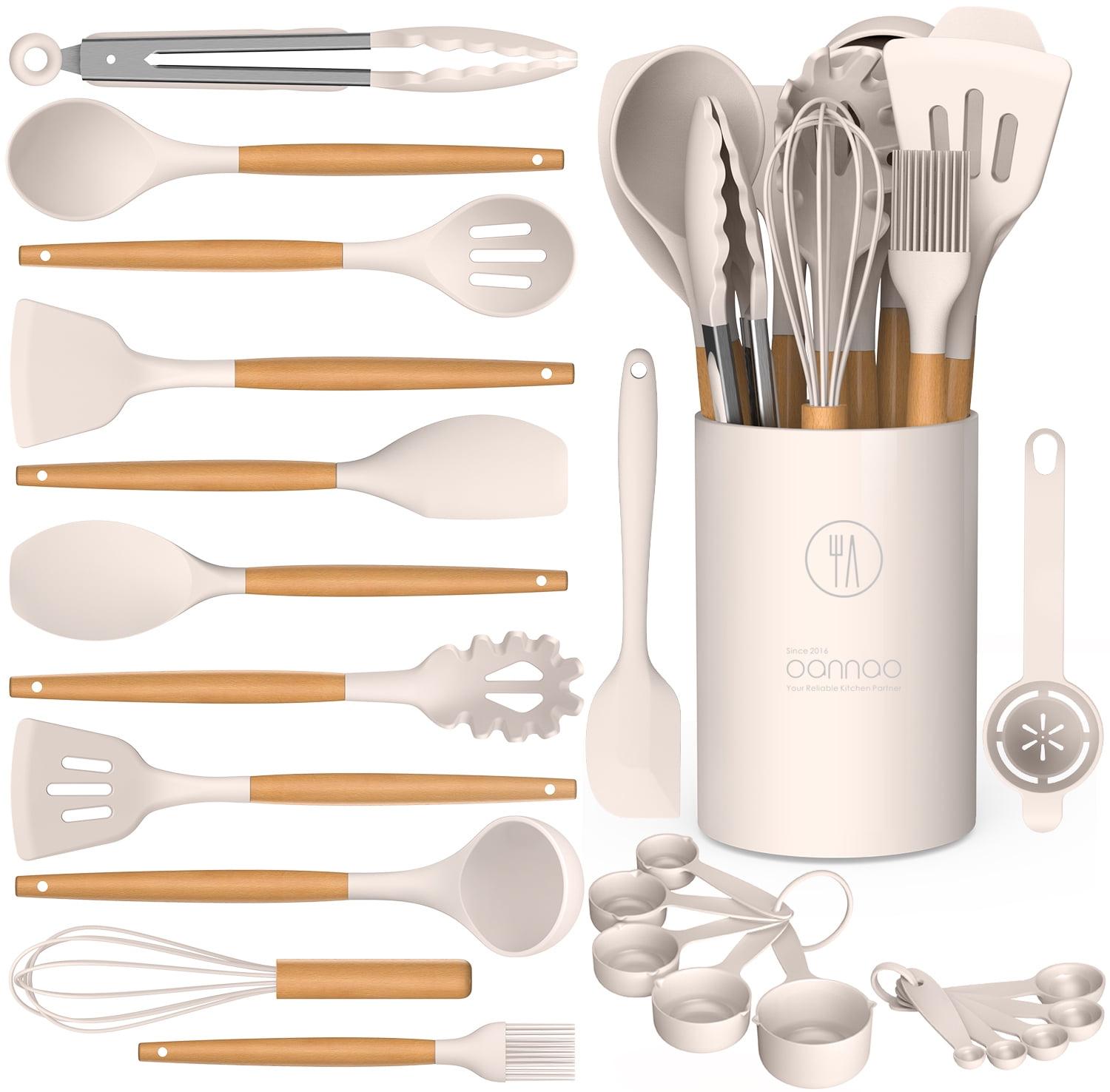 FAST APPLIANCES LLC Silicone Cooking Utensils Set - Silicone Kitchen Utensils For Cooking Wooden Handles, 446°F Heat Resistant Kitchen Utensil Spatula Sets W Holder, Gadgets For Non-Stick Cookware BPA FREE (Cream White)