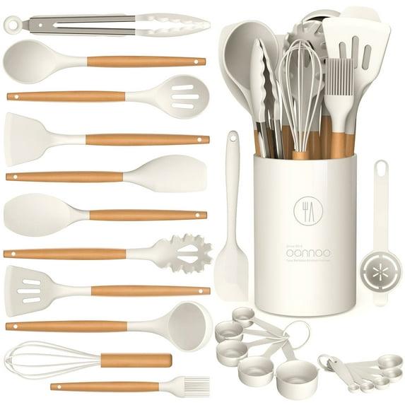 FAST APPLIANCES LLC Silicone Cooking Utensils Set - Silicone Kitchen Utensils For Cooking Wooden Handles, 446°F Heat Resistant Kitchen Utensil Spatula Sets W Holder, Gadgets For Non-Stick Cookware BPA FREE (Cream White)