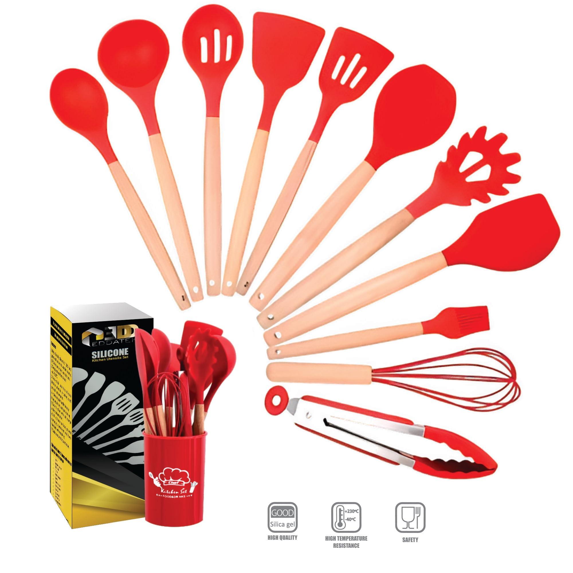 Red 12-Piece Silicone Kitchen Utensils Set with Wooden Handles and Holder