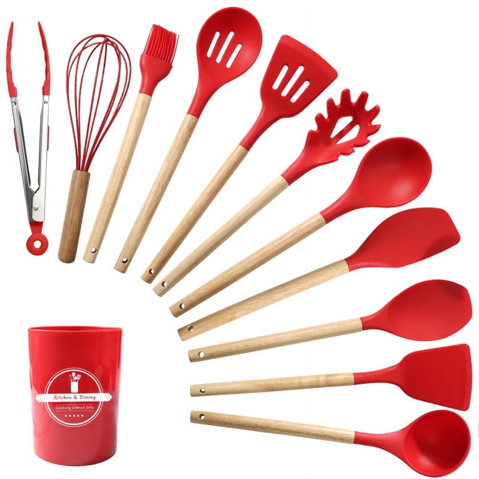 Silicone Kitchen Utensils, 12 Piece Non-Stick Heat Resistant Cookware Set with Wooden Utensil Handle, Black - Red