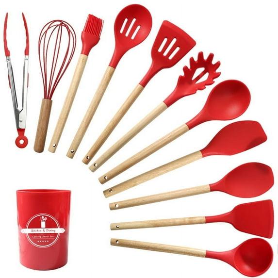 Silicone Kitchen Utensils, 12 Piece Non-Stick Heat Resistant Cookware Set with Wooden Utensil Handle, Black - Red