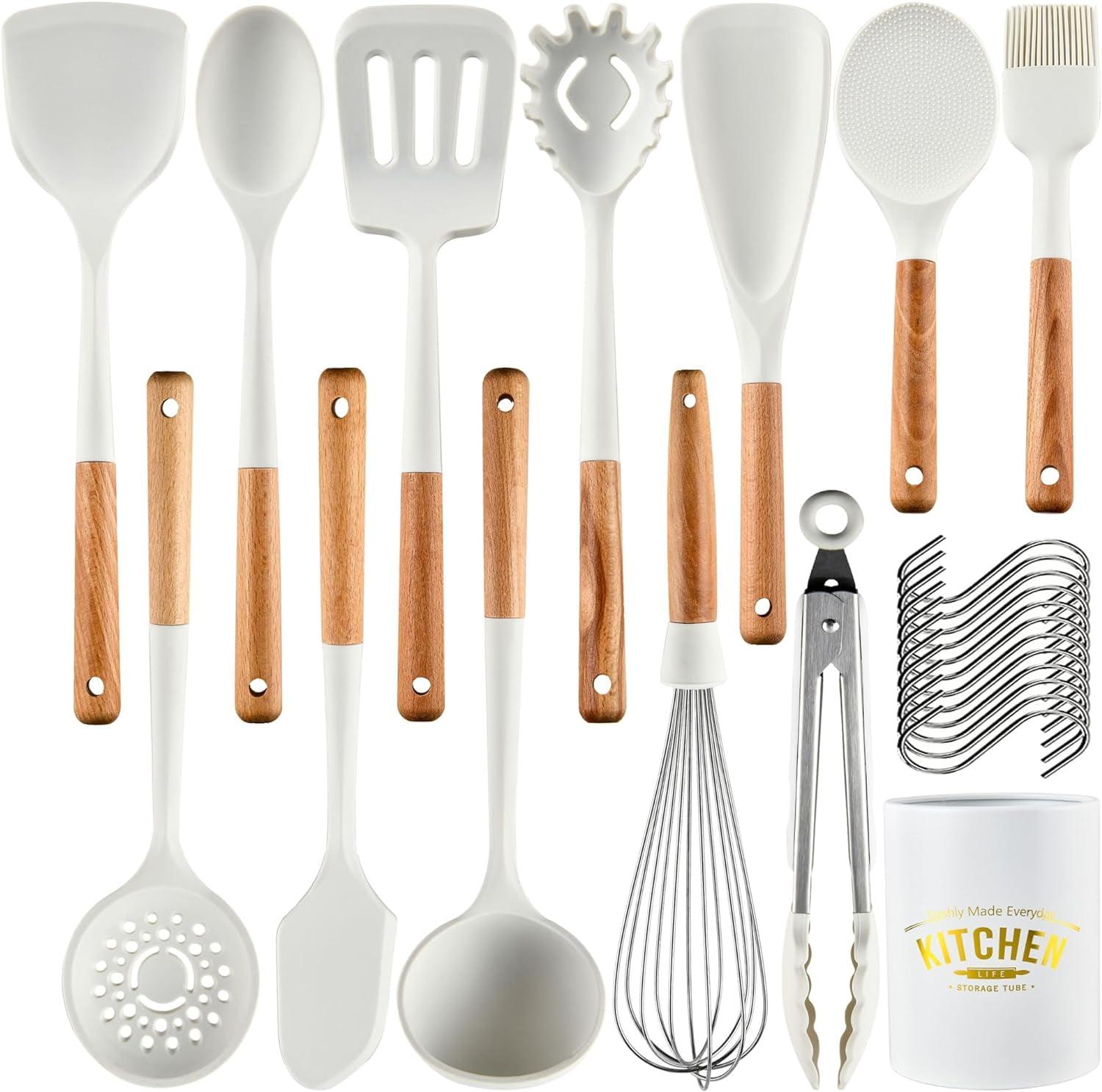 White Silicone and Wood 13-Piece Kitchen Utensil Set