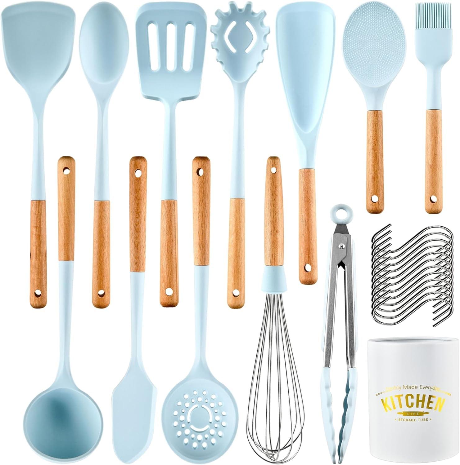 Silicone Kitchen Utensils Set,446°F Heat Resistant 13 Piece Wood Handle For Non-stick Cooking Set (BPA Free) Turner,Tongs,Spatula,Spoon,Brush,Whisk -White