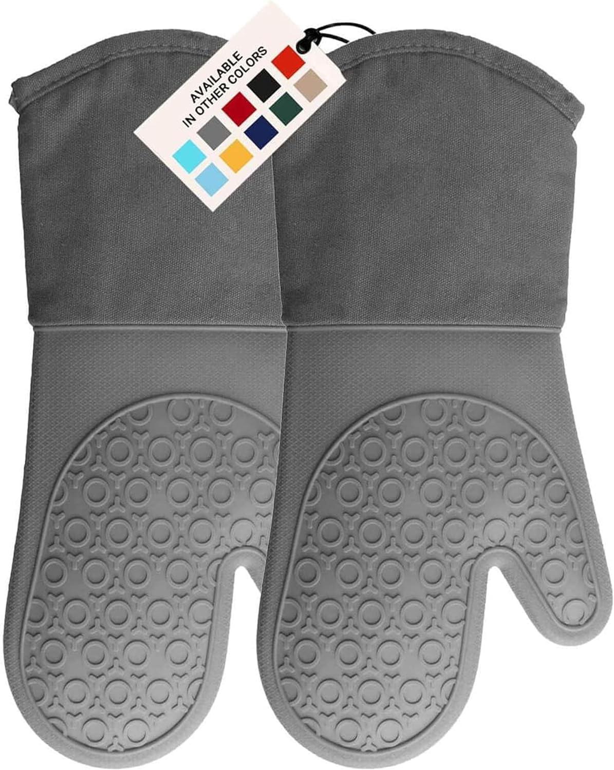 Gray Silicone Heat-Resistant Oven Mitts with Quilted Liner, 13.7 Inch