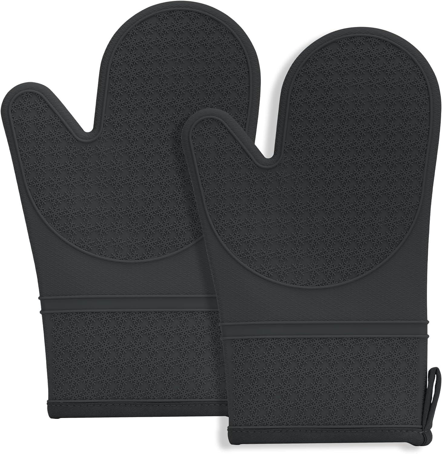 Silicone Oven Mitts, Oven Gloves with Non-Slip Waterproof - 2PCS Black Oven Mittens Heat Resistant 600 Degree, Soft Lining Silicone Oven mits for Cooking Baking Kitchen Mitten