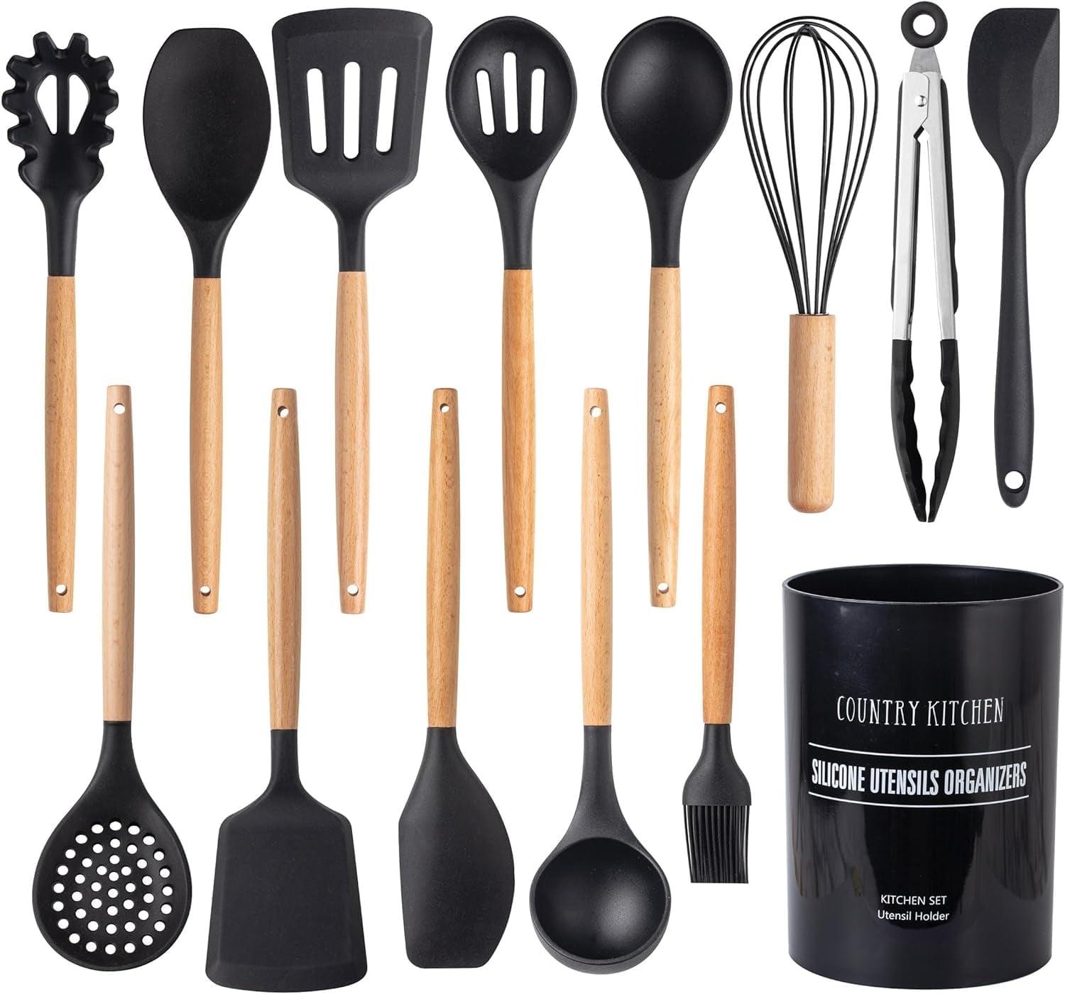 Black Silicone and Wood 14-Piece Cooking Utensils Set