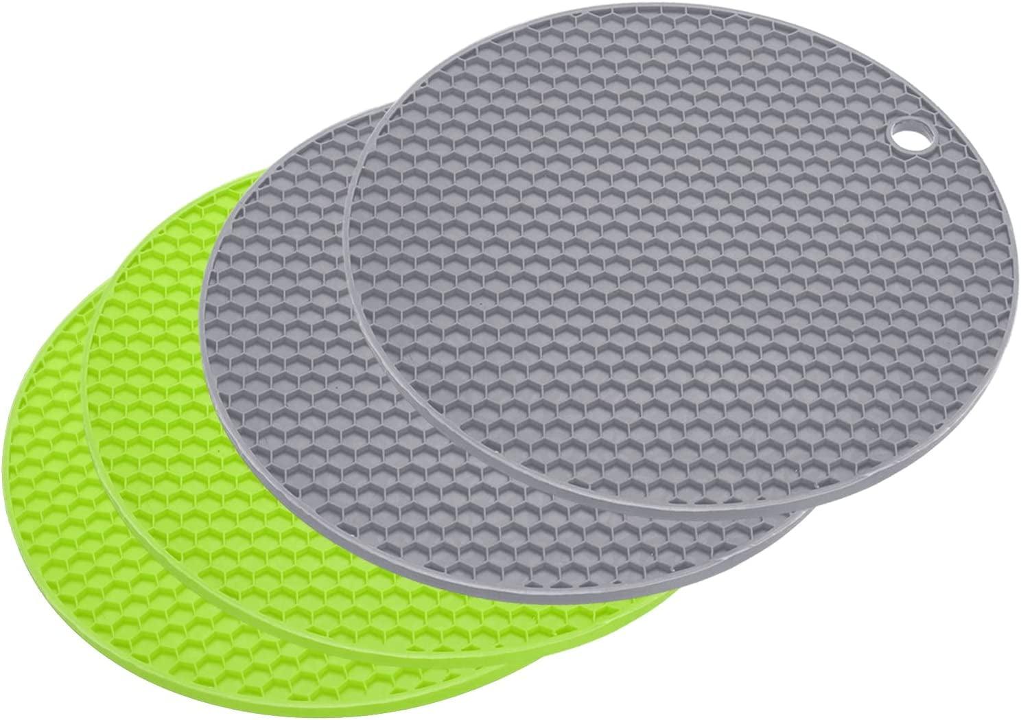 Silicone Trivets for Hot Pots and Pans 4pcs, Multipurpose Hot Pads Pot Holders, Heat Resistant Trivets for Hot Dishes, Microwave Mat, Drying Mat, Jar Opener-Green+Light Grey
