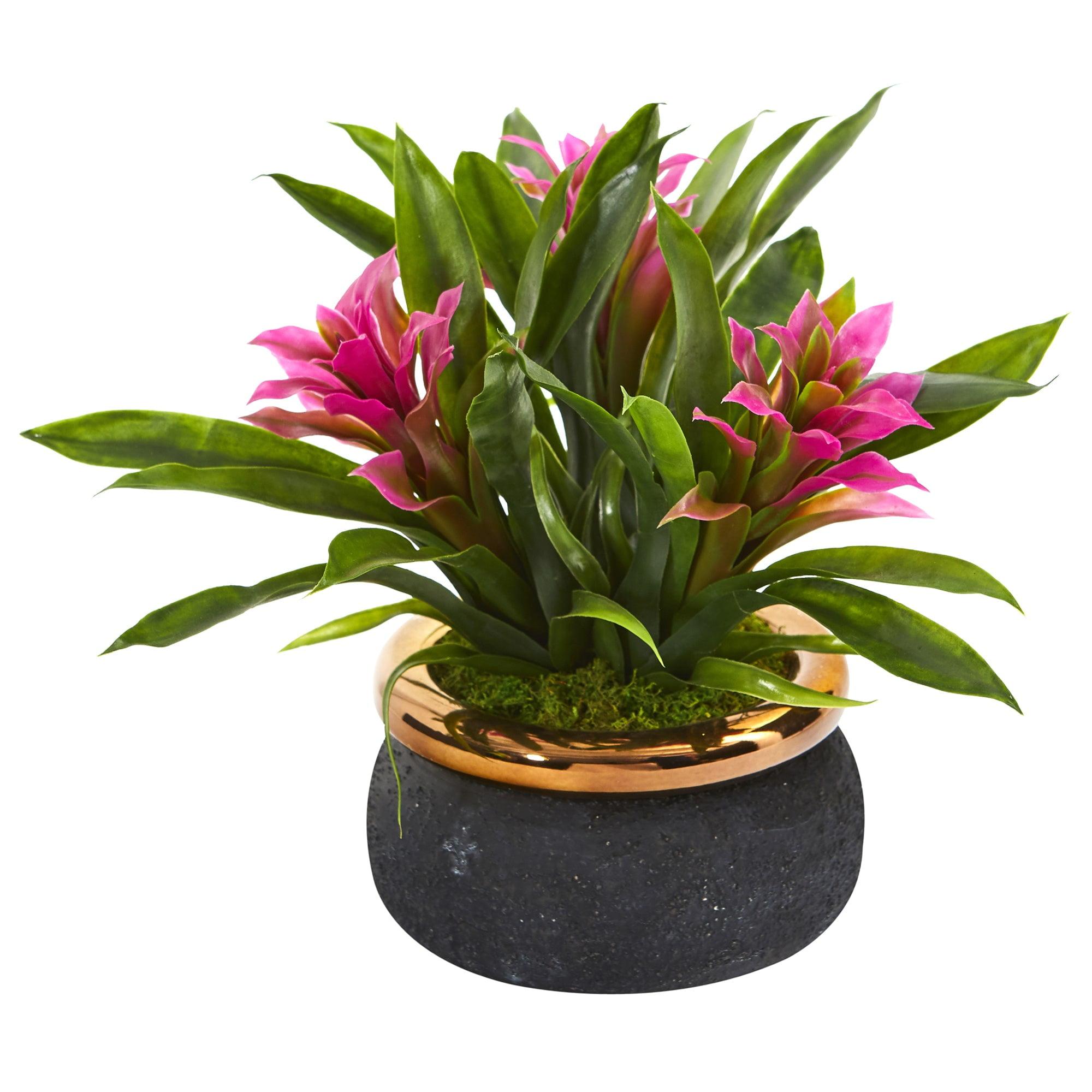 11" Pink Bromeliad Artificial Plant in Stone Planter