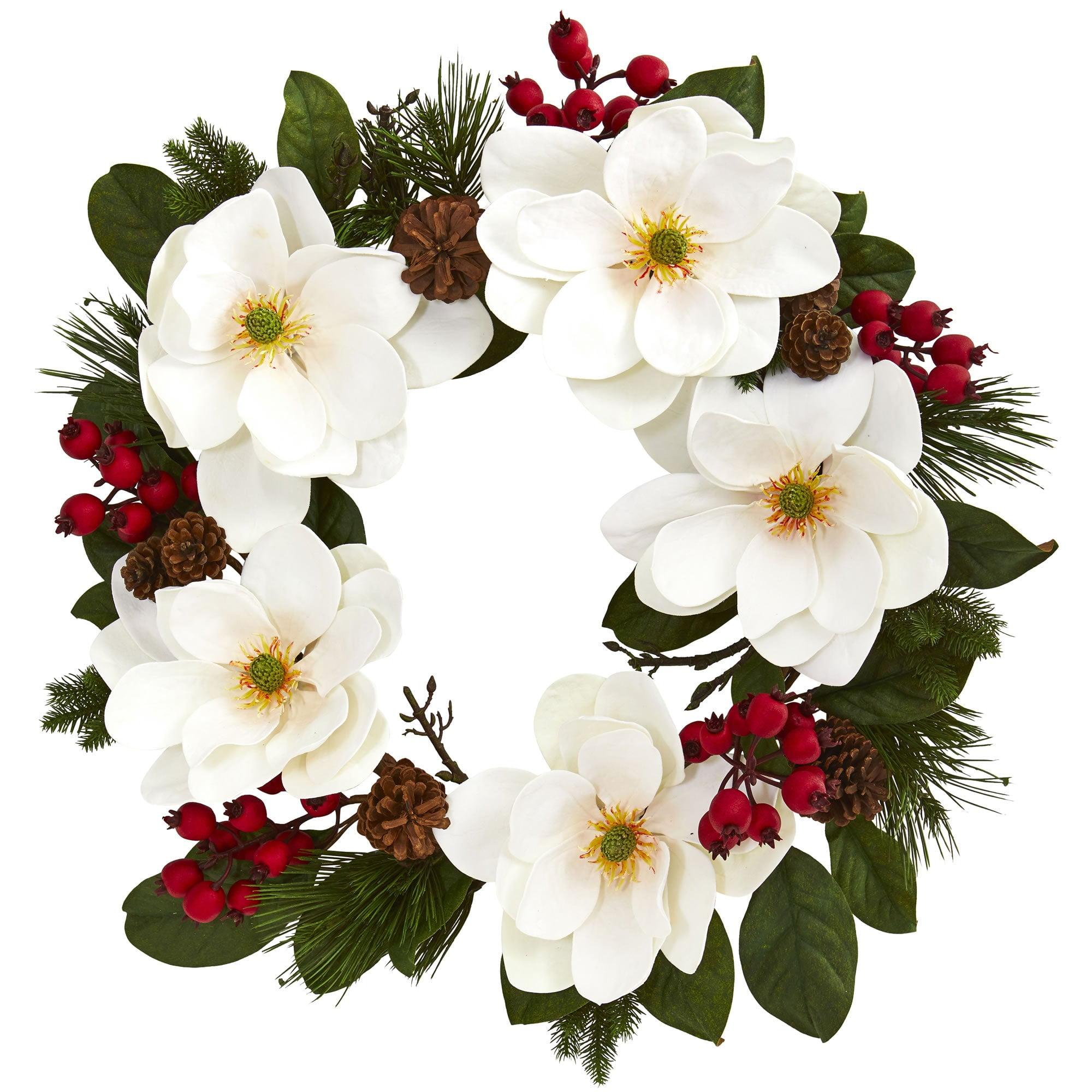 Large White Magnolia and Pine Wreath with Red Berries