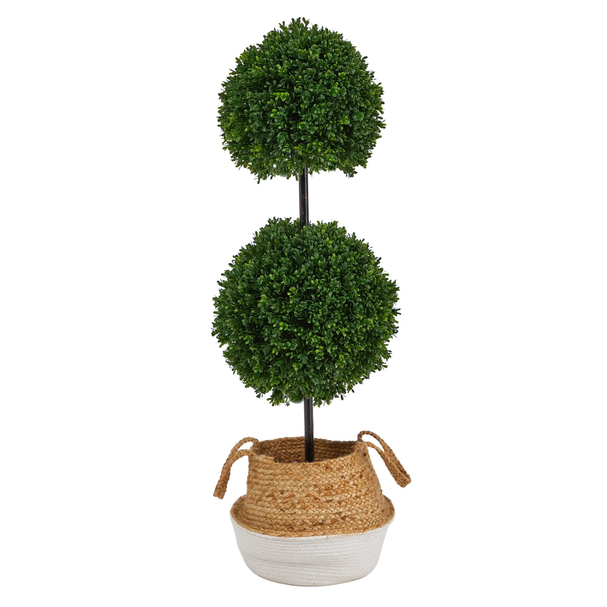 Nearly Natural 3.5-ft Boxwood Double Ball Topiary Tree in Boho Chic Handmade Cotton & Jute Planter UV Resistant