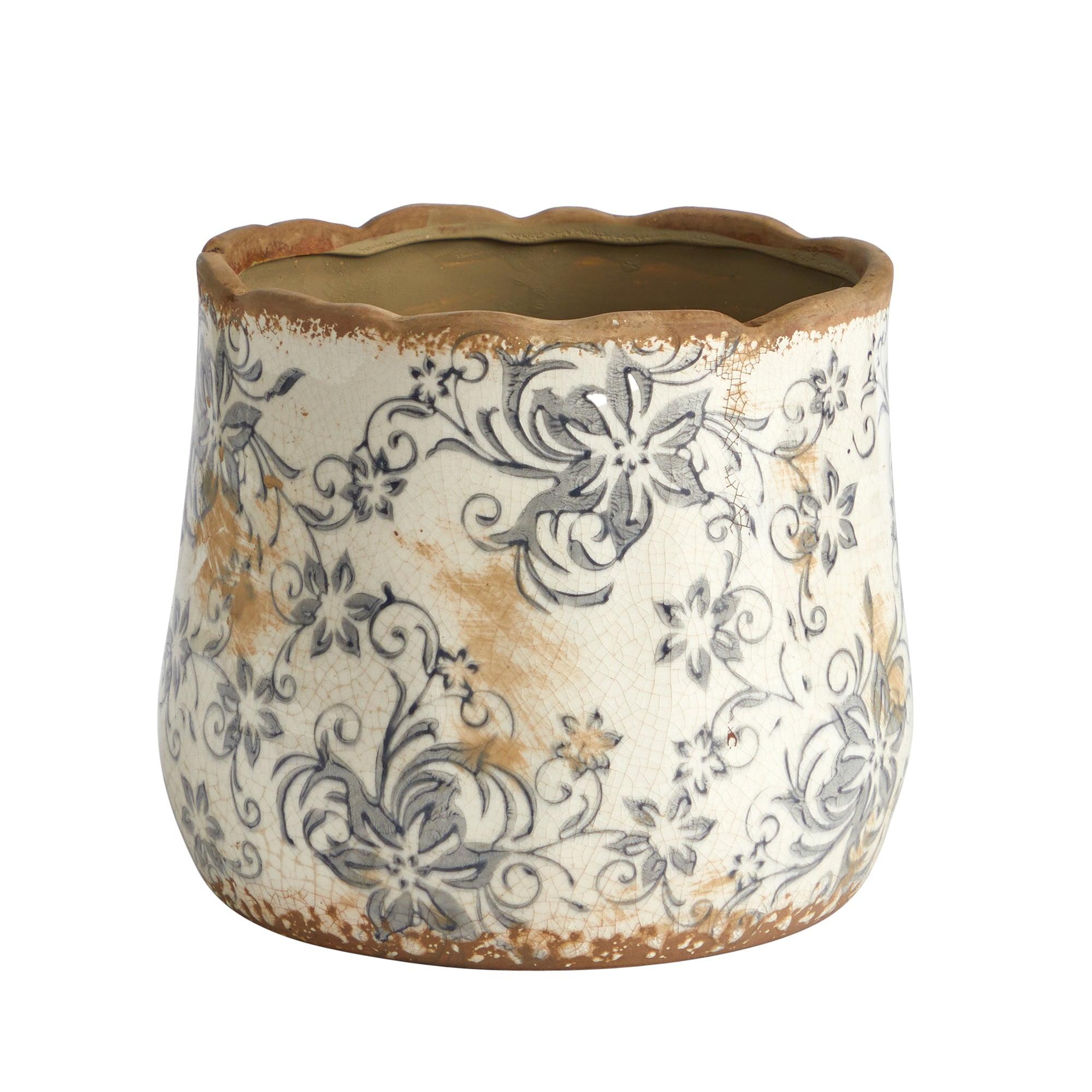 HomeStock 7In. Baroque Bliss Ceramic Gray Scroll Planter