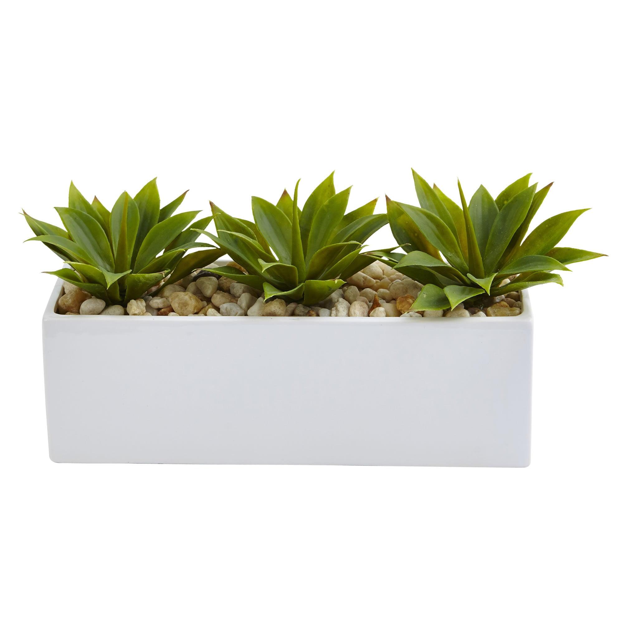 7'' Green Faux Agave Succulent in White Ceramic Planter