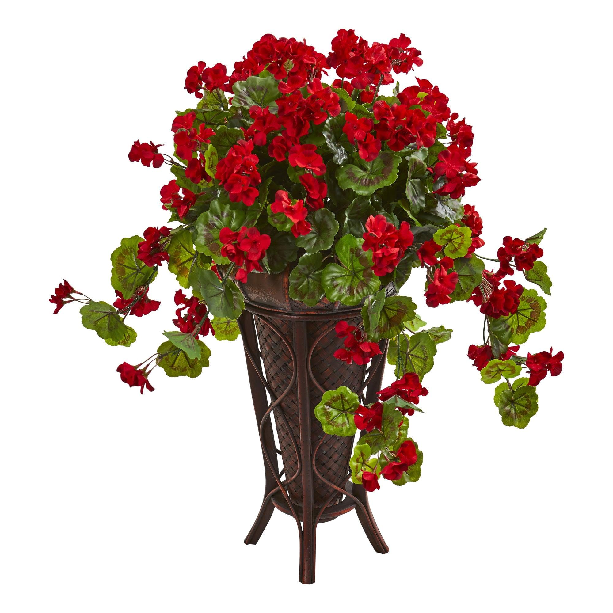 Lush 35" Red Geranium Artificial Plant in Modern Stand Planter