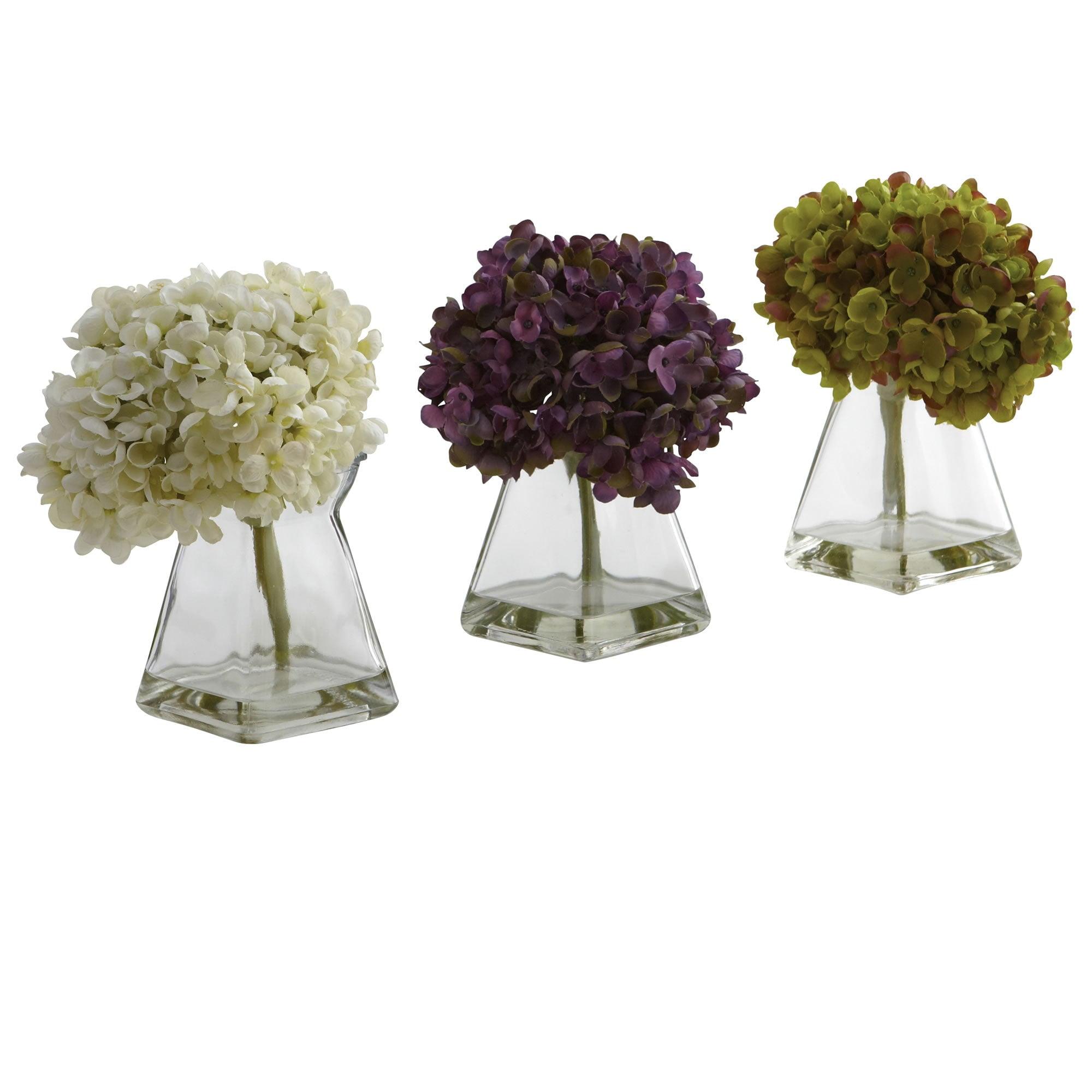 Set of 3 Multicolor Artificial Hydrangea Arrangements with Glass Vases