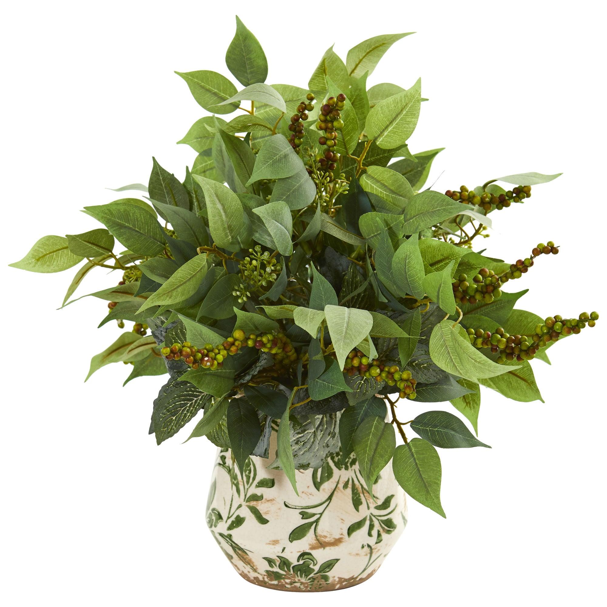 Lush Ficus & Fittonia Artificial Greenery Arrangement with Berries in Vase