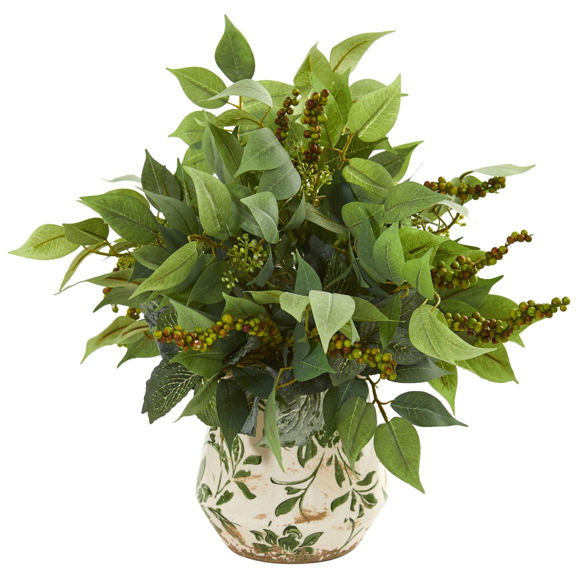 Nearly Natural Mixed Ficus, Fittonia and Berries Artificial Plant in Floral Vase