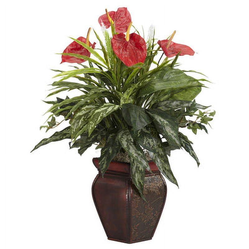 Mixed Greens and Red Anthurium Silk Plant with Decorative Vase