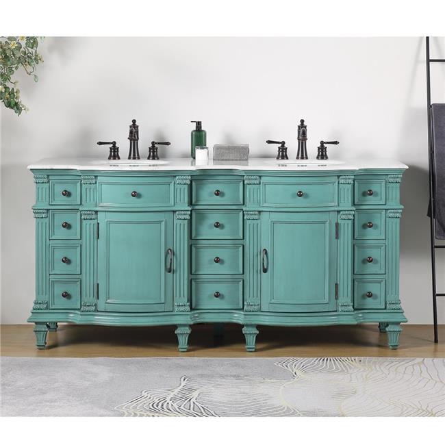 72-Inch Teal Wood Double Sink Bathroom Vanity with Marble Top