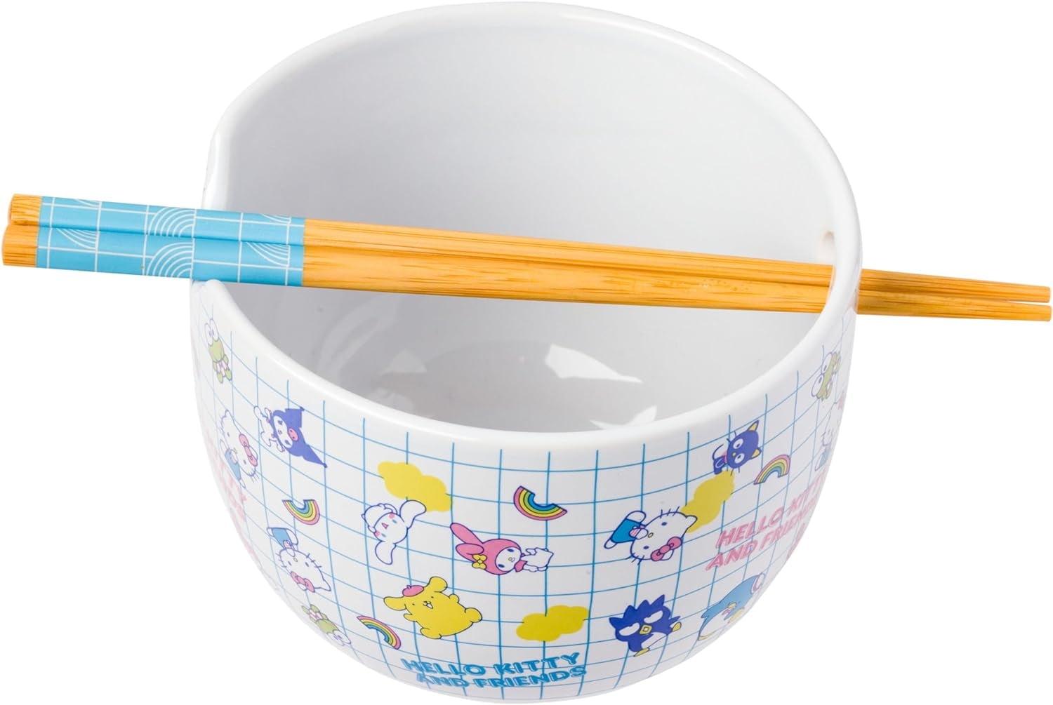 Silver Buffalo Hello Kitty and Friends Kuromi, Keroppi, Chococat, My Melody, Tuxedo Sam, Badtz-Maru, Tuxedo Sam, Pompompurin, Cinnamoroll Ceramic Ramen Noodle Rice Bowl with Chopsticks, 20 Ounces