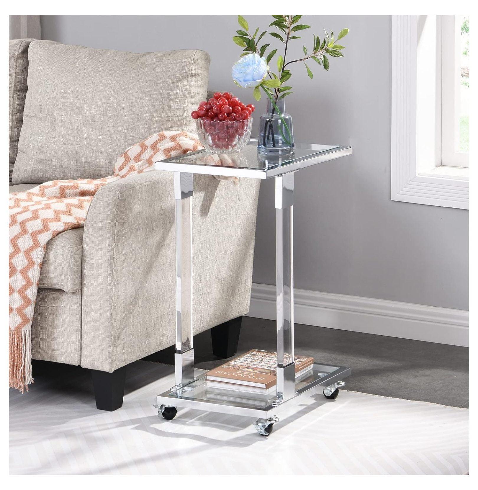 Silver Glass C-Shaped End Table with Chrome Frame and Wheels