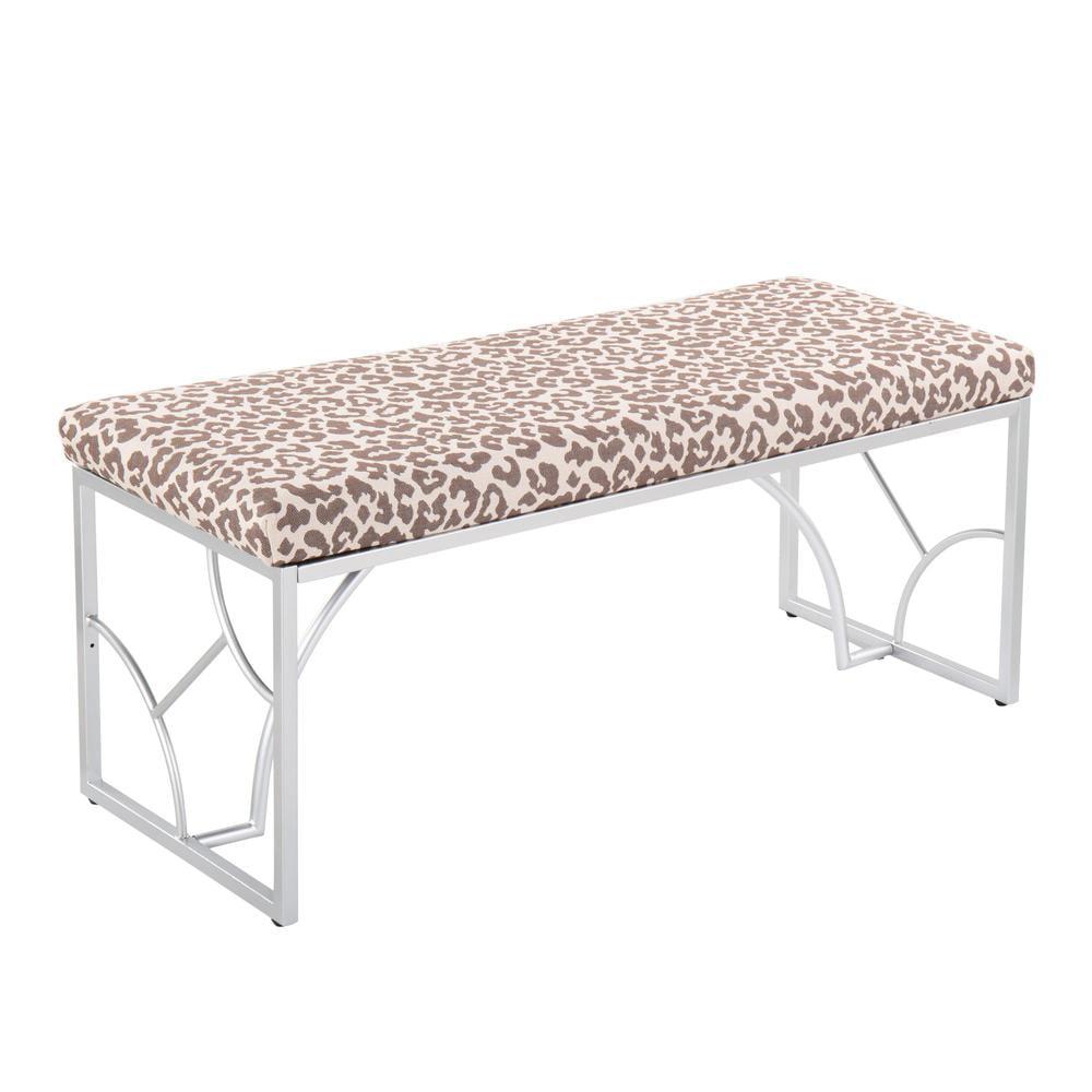 Silver Metal Beige Leopard Print Fabric Bench