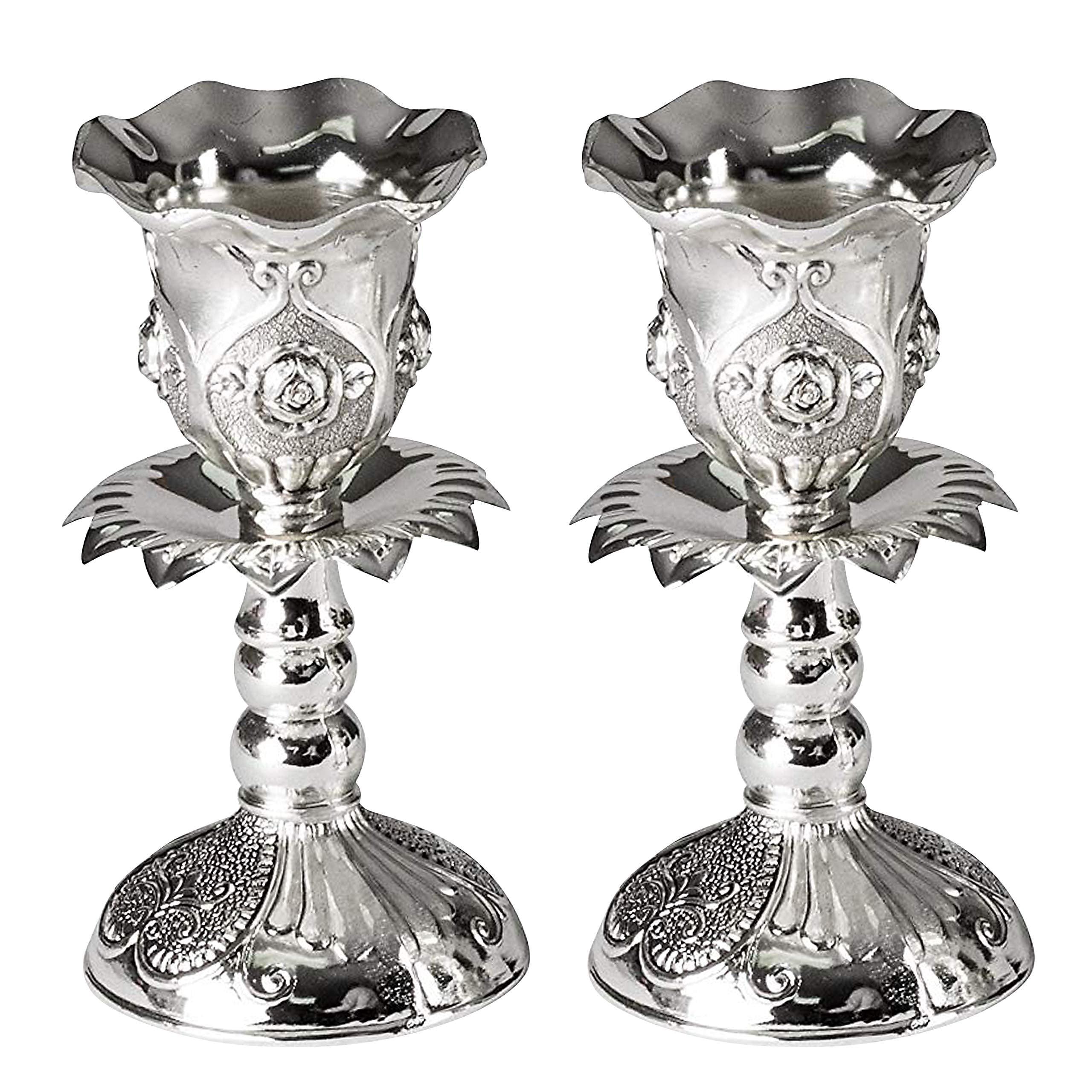 Ornate Silver Plated Floral Tabletop Candlestick Set