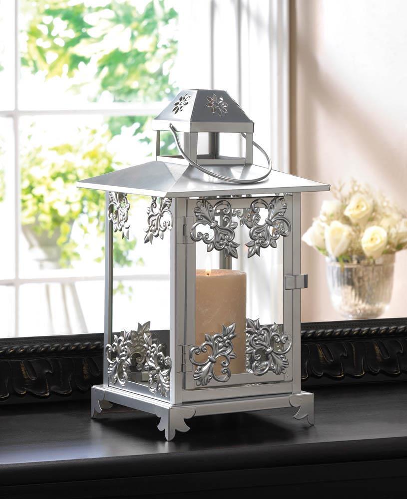 Elegant Silver Scrollwork Iron & Glass Tabletop Lantern