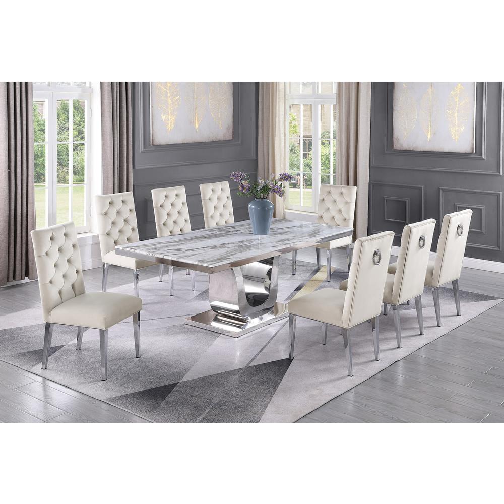 Silver Stainless Steel 9 Piece Dining Set with White Marble Table and Cream Velvet Chairs