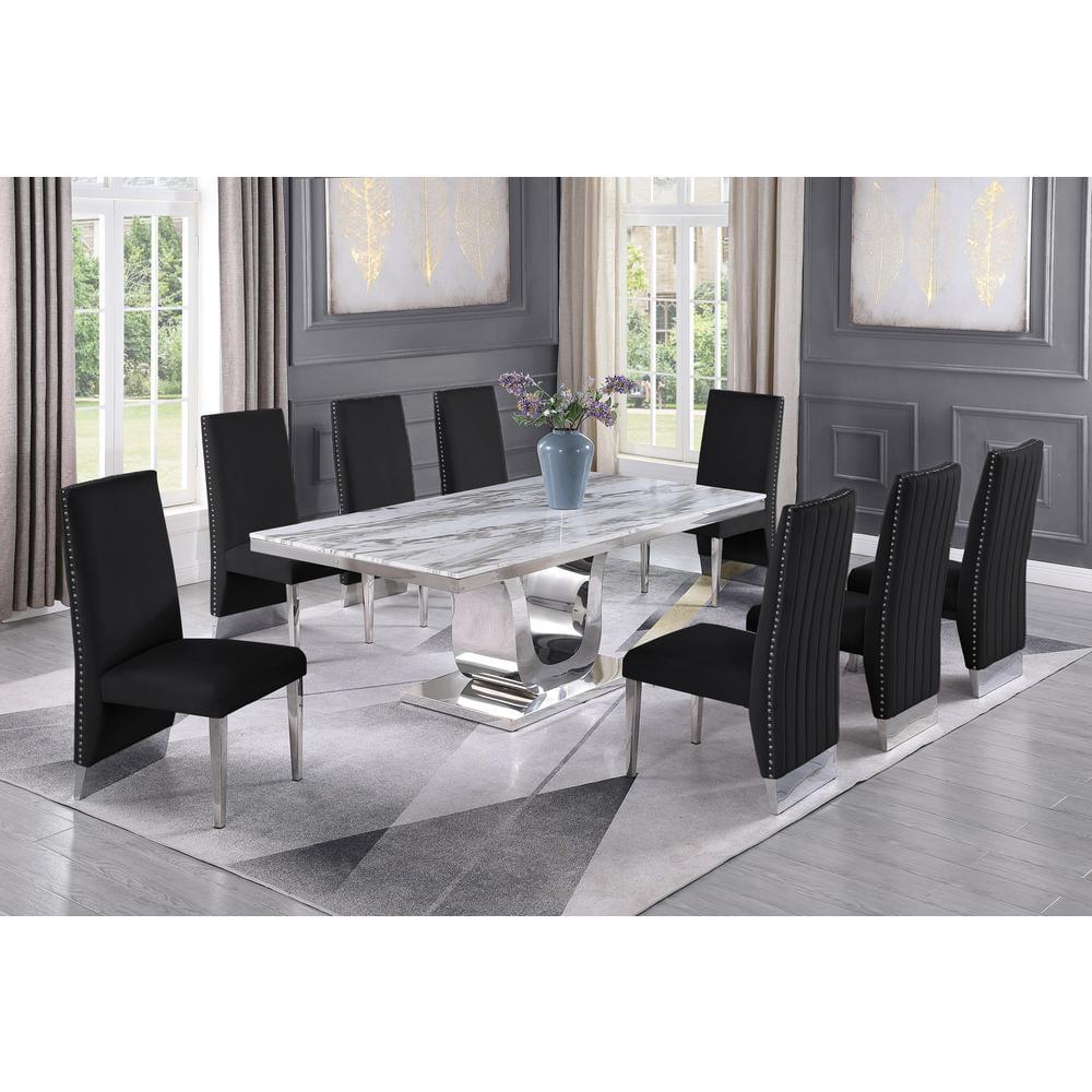 Silver Stainless Steel 9 Piece Dining Set with Marble Table and Black Velvet Chairs