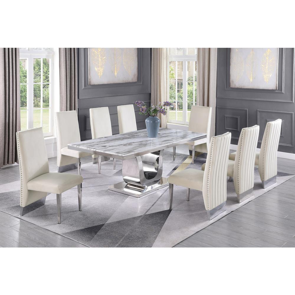 Silver Stainless Steel 9 Piece Dining Set with Marble Table and Cream Velvet Chairs