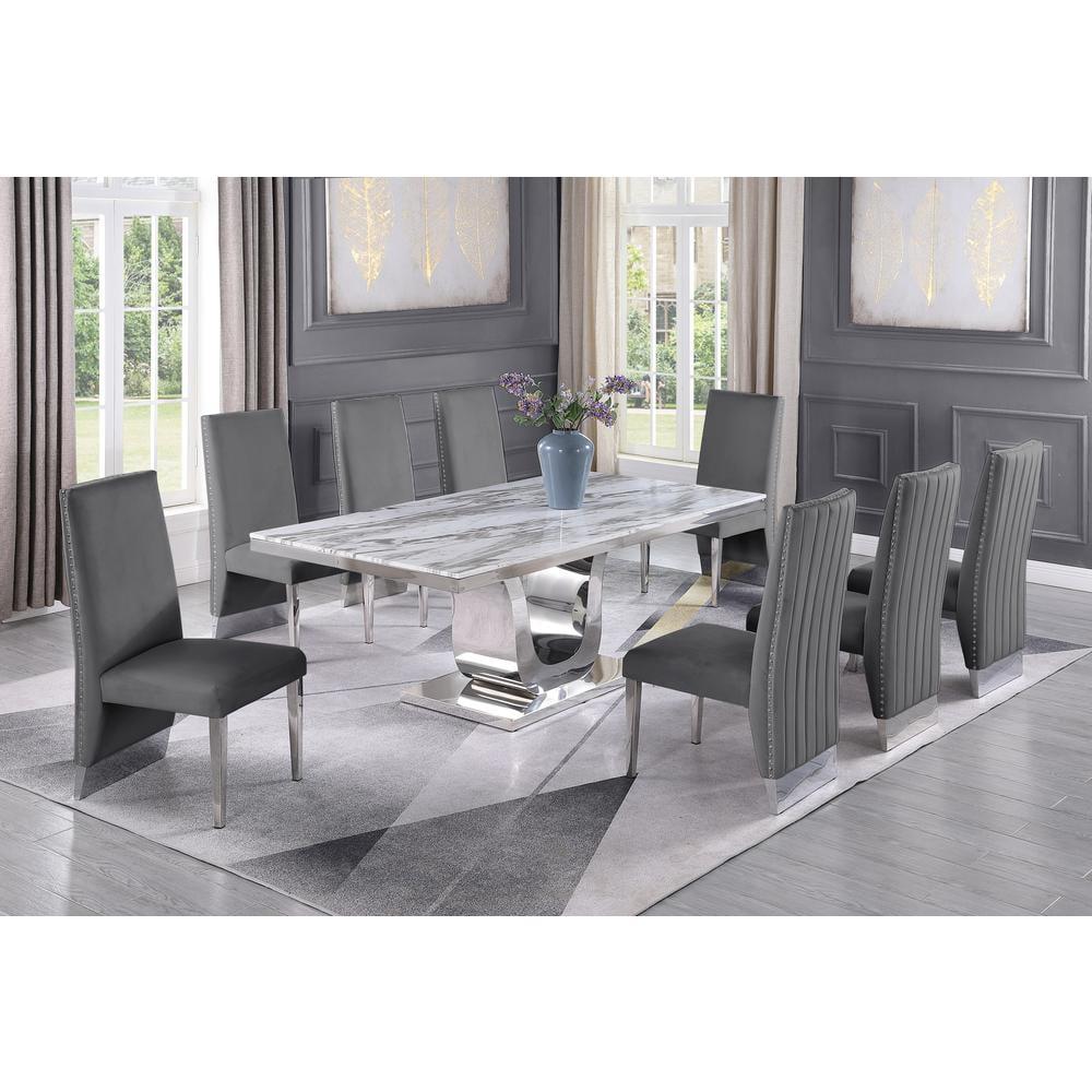 Silver Stainless Steel 9 Piece Dining Set with Marble Table and Dark Gray Velvet Chairs