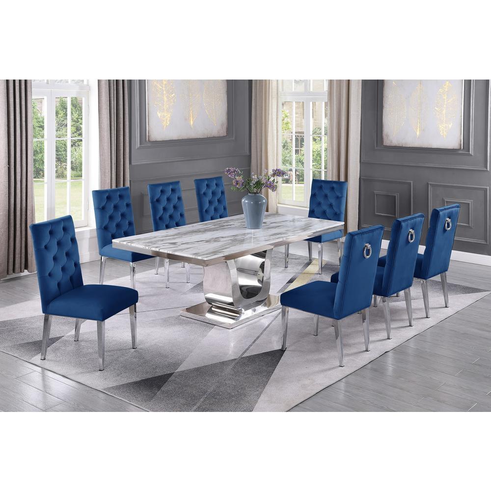 Silver Stainless Steel 9 Piece Dining Set with Marble Table and Navy Velvet Chairs