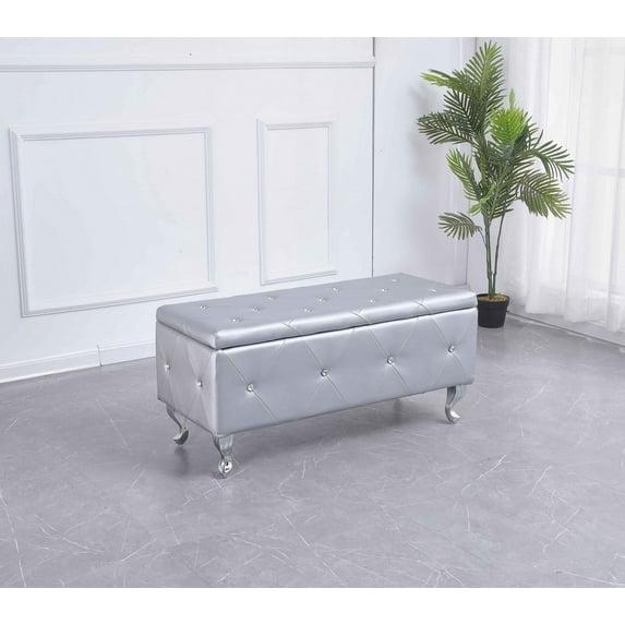 Silver Tufted Hard Wood Storage Bench