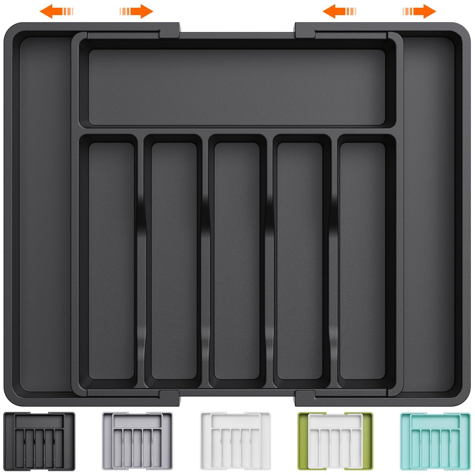 Silverware Drawer Organizer,  Black Expandable Utensil Tray for Kitchen, BPA Free Flatware and Cutlery Holder, Adjustable Plastic Storage for Spoons Forks Knives, Large