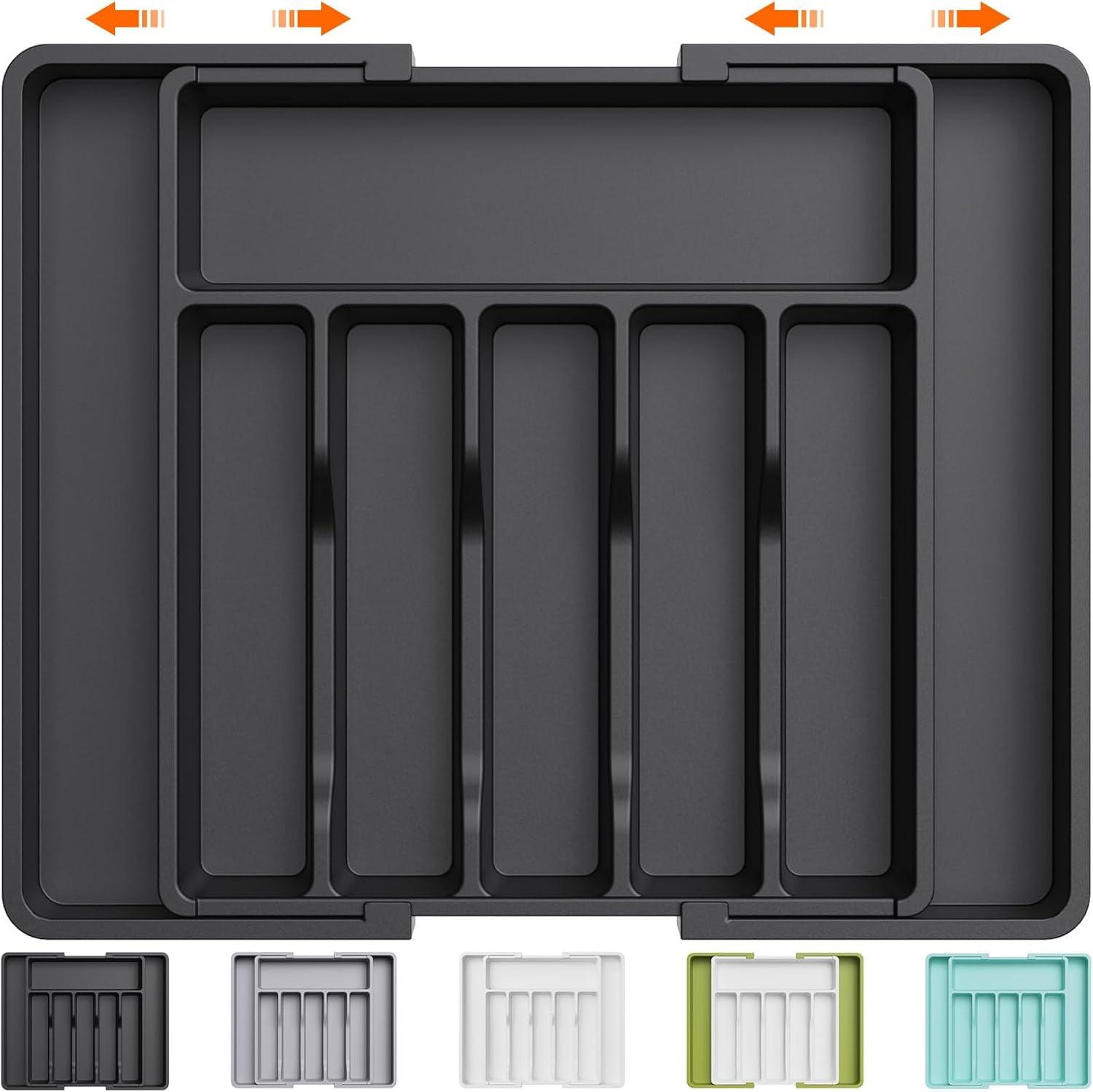 Silverware Drawer Organizer,  Black Expandable Utensil Tray for Kitchen, BPA Free Flatware and Cutlery Holder, Adjustable Plastic Storage for Spoons Forks Knives, Large