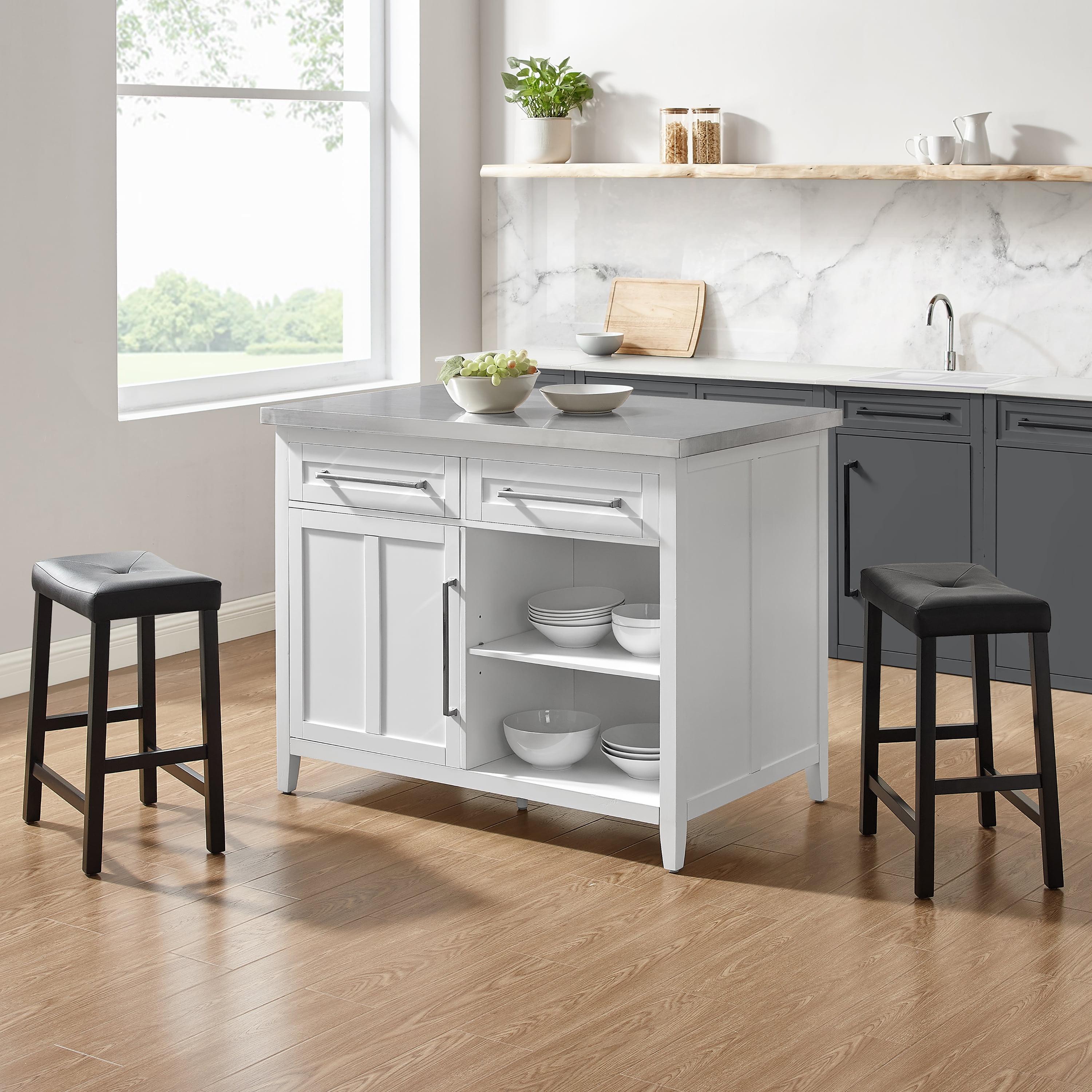 Silvia White Kitchen Island with Stainless Steel Top and Black Upholstered Saddle Stools