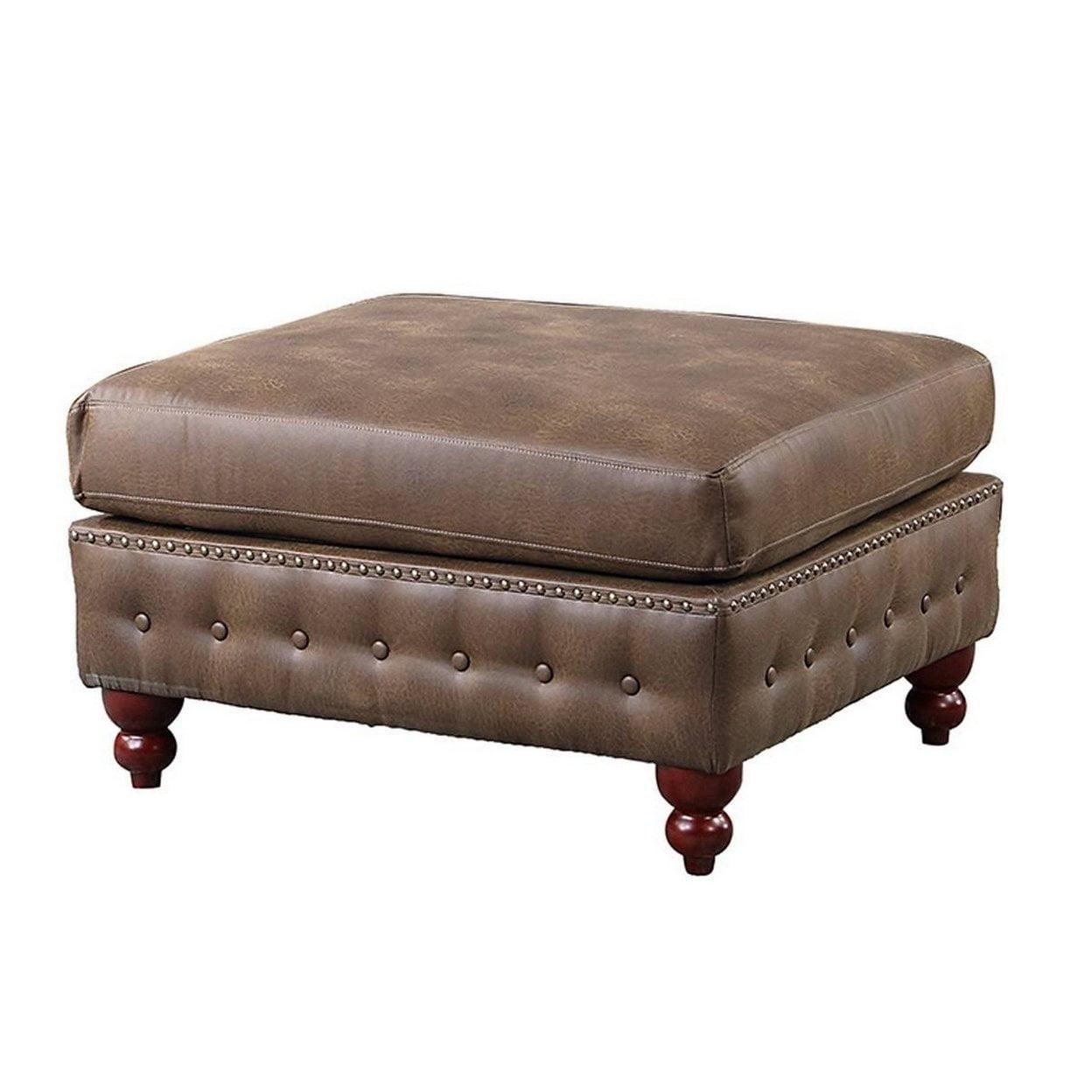 Simi 34 Inch Brown Faux Leather Tufted Ottoman with Nailhead Trim