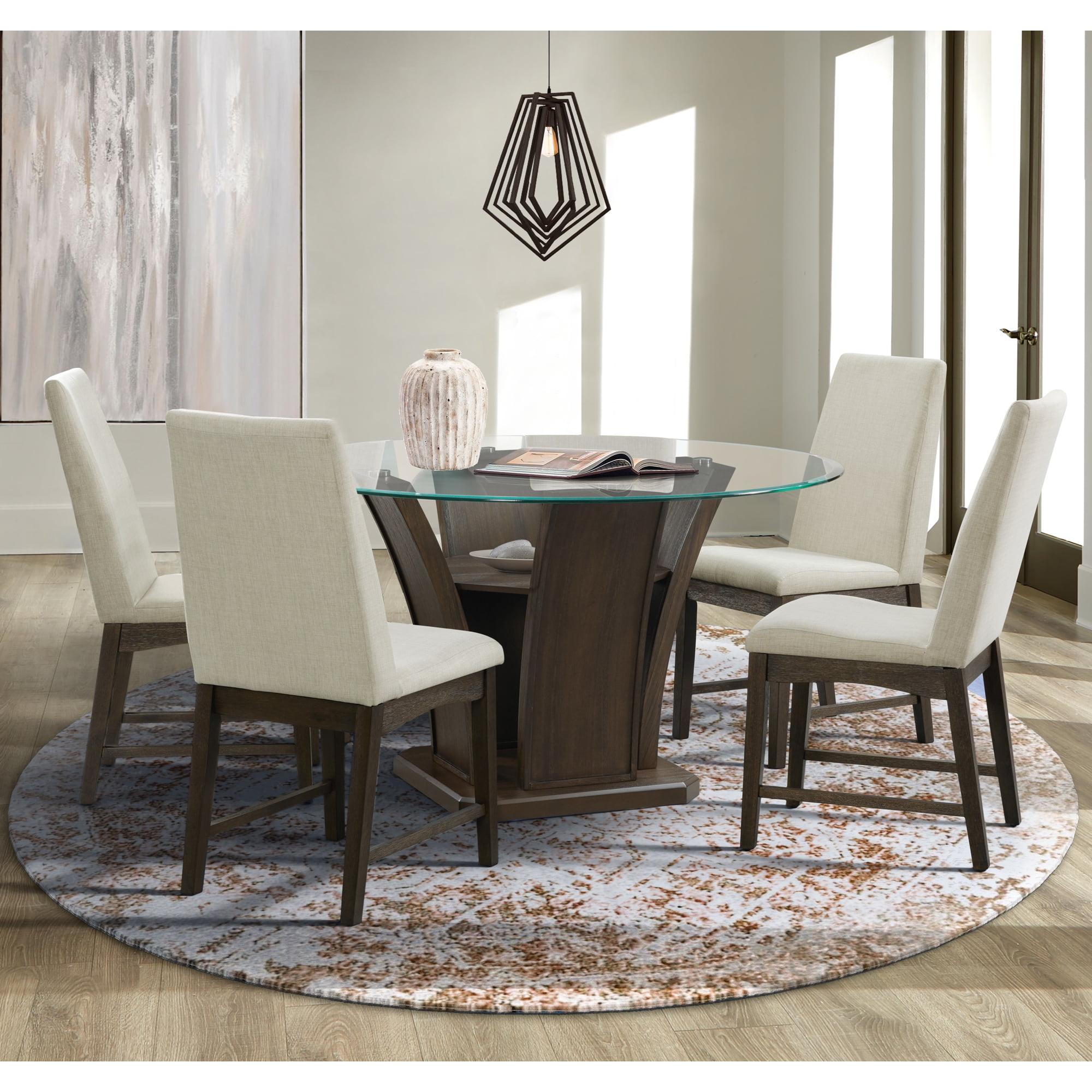 5pc Simms Round Standard Height Dining Set and 4 Chairs Walnut - Picket House Furnishings: Glass Top, Cream Upholstery