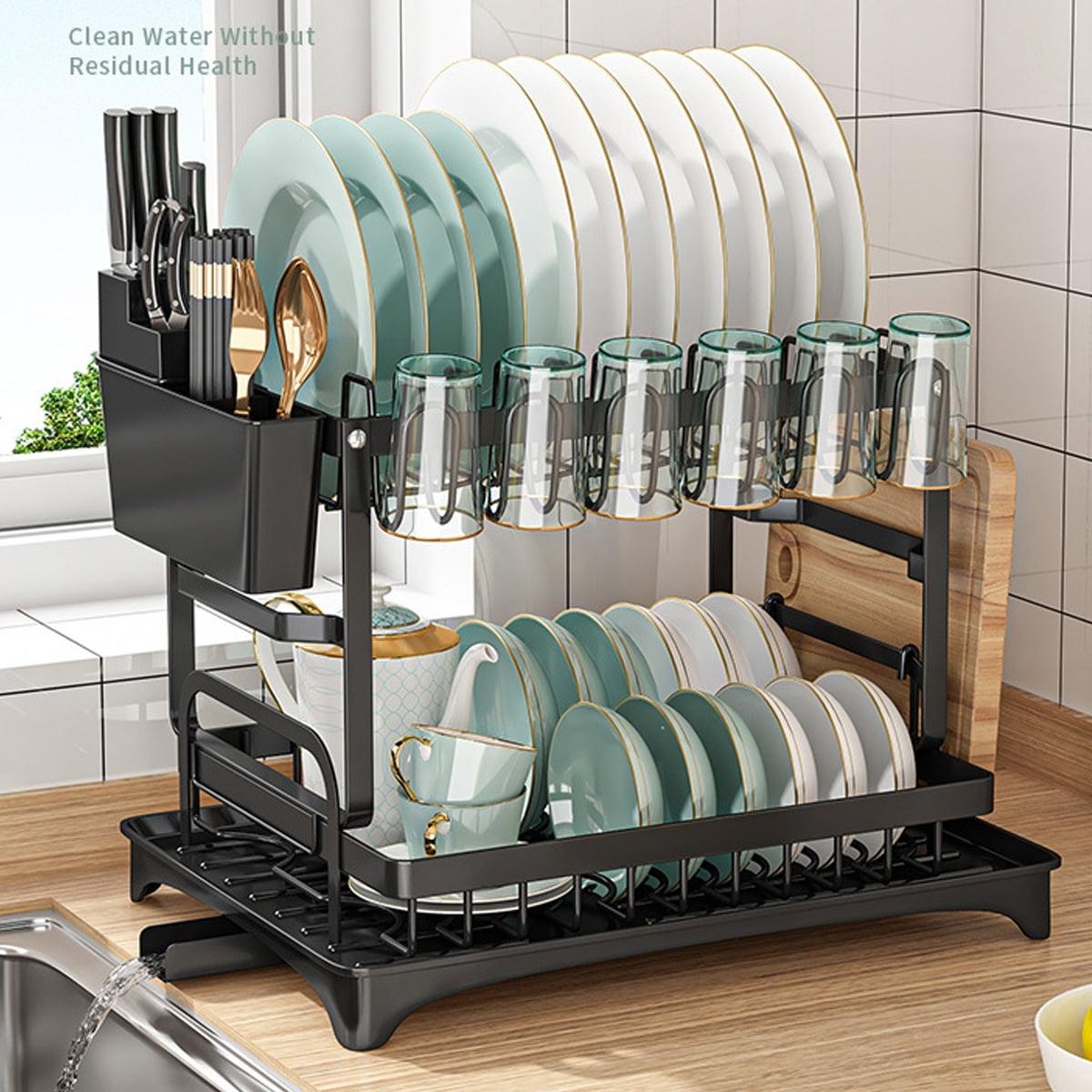 Black 2-Tier Foldable Metal Dish Drying Rack with Utensil Cup