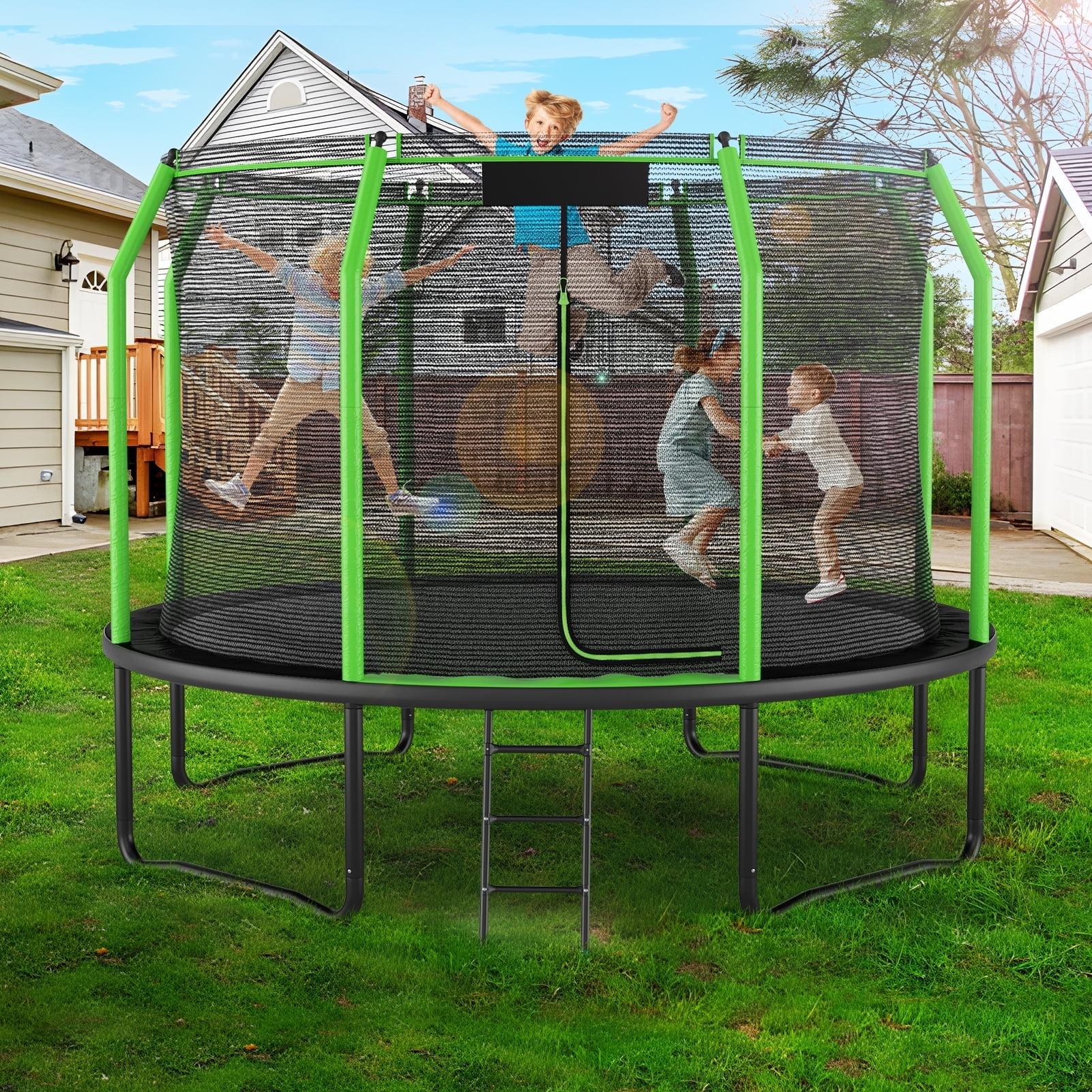 14FT Black and Green Trampoline with Enclosure and Ladder