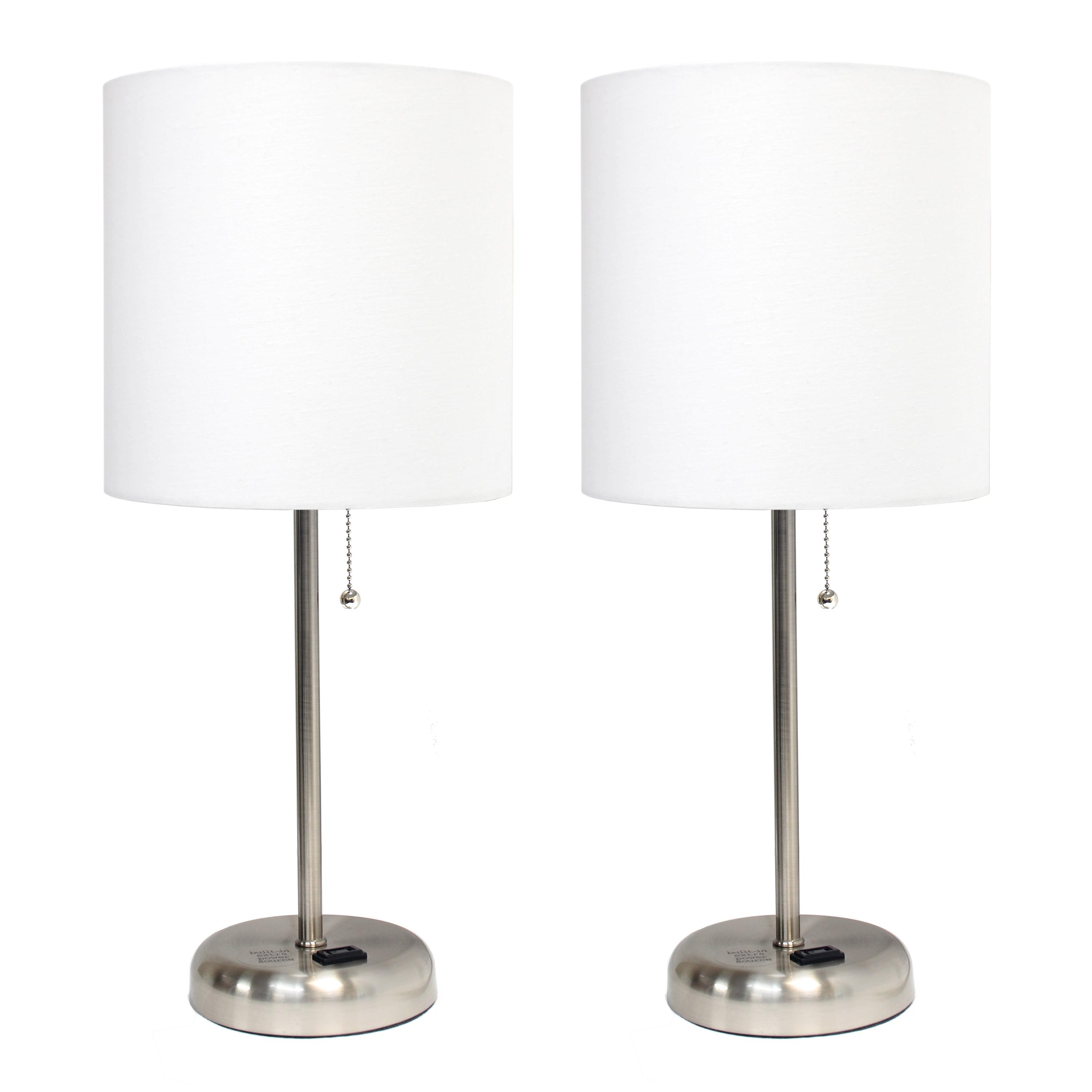 White Fabric Shade Brushed Steel Stick Table Lamp Set with Charging Outlet