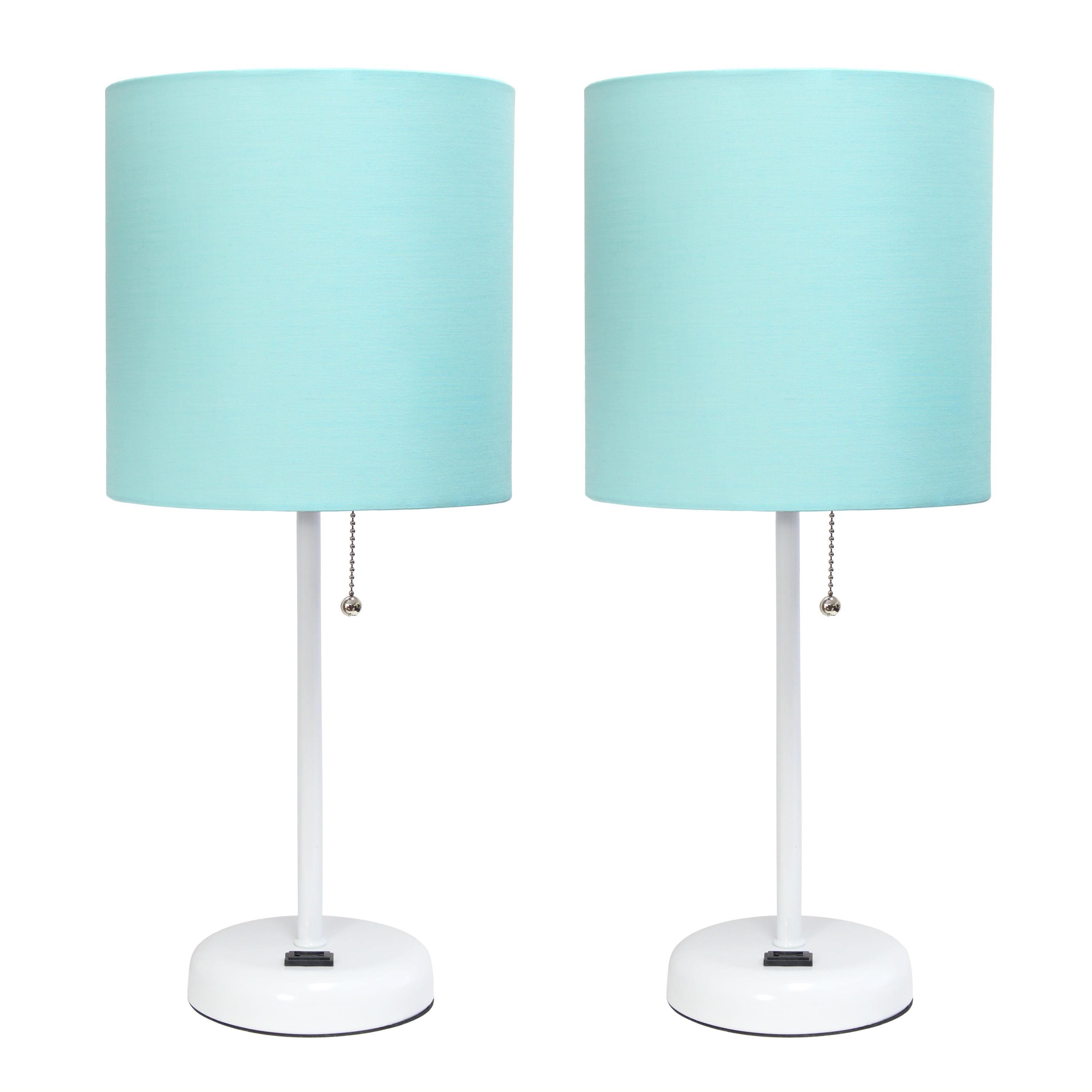 19.5" White Stick Table Lamp Set with Aqua Fabric Shades