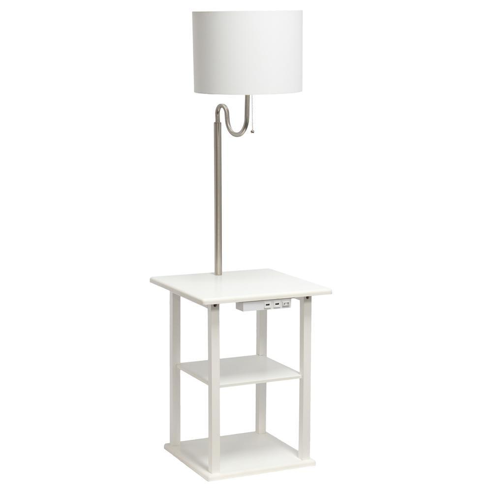 57 in. Modern 2 Tier End Table & White Drum Fabric Shade Floor Lamp with 2 x USB Charging Ports & Power Outlet, White