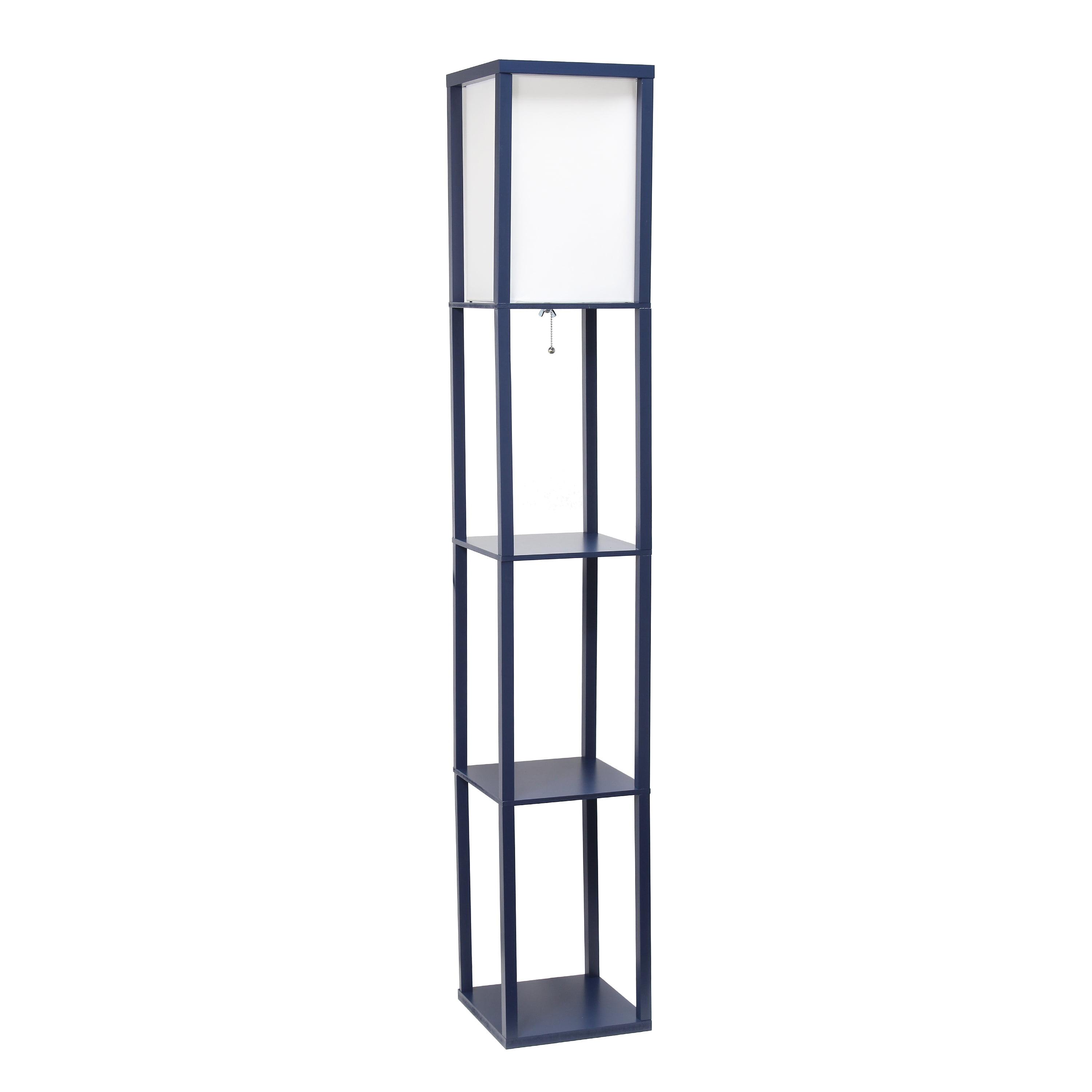 Navy Linen-Shade Floor Lamp with Organizing Storage Shelf