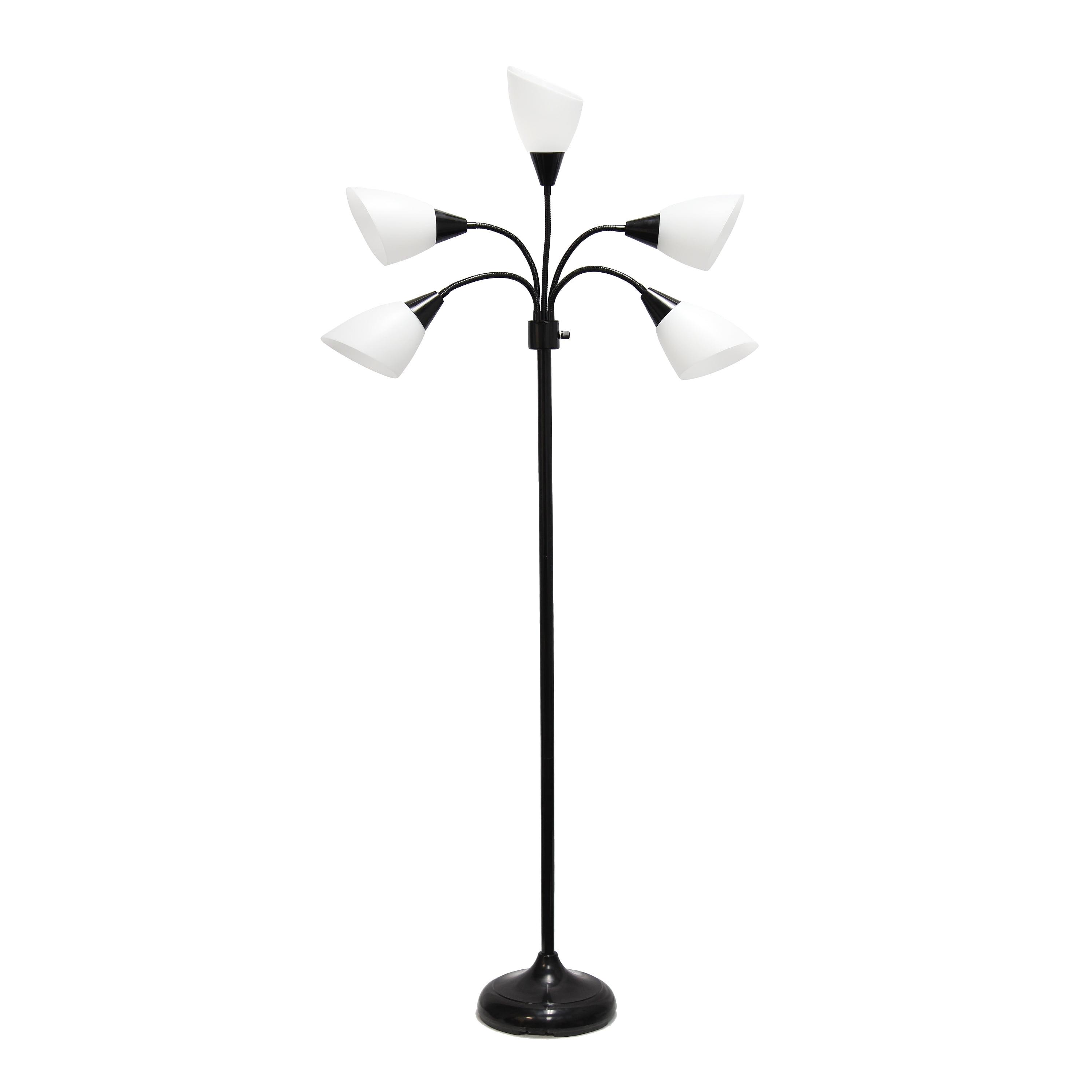 67" Black Adjustable Multi-Head Floor Lamp with White Shades