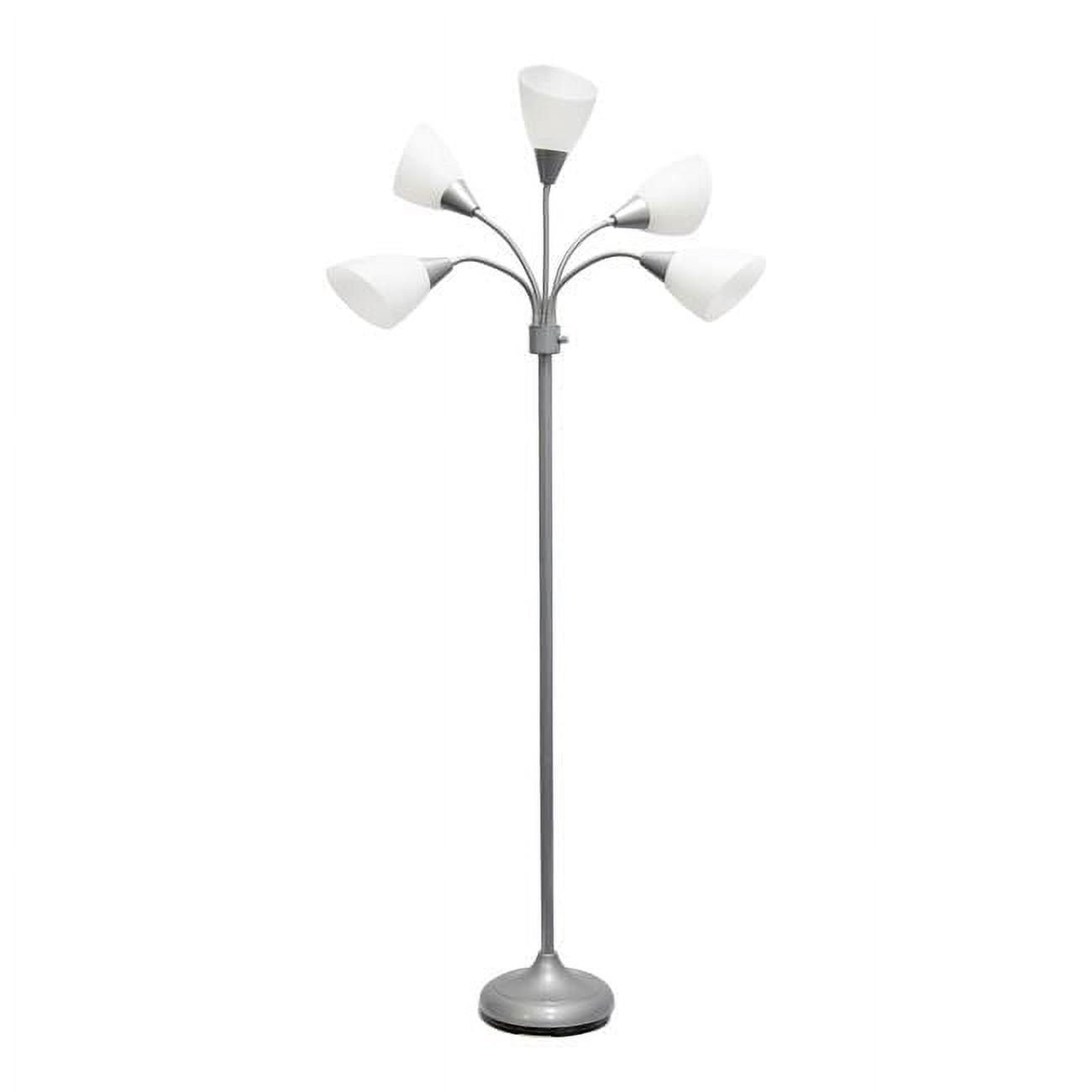 Simple Designs 67in. Contemporary Multi Head Medusa 5 Light Adjustable Gooseneck Silver Floor Lamp with White Shades for Kids Bedroom Playroom Living Room Office