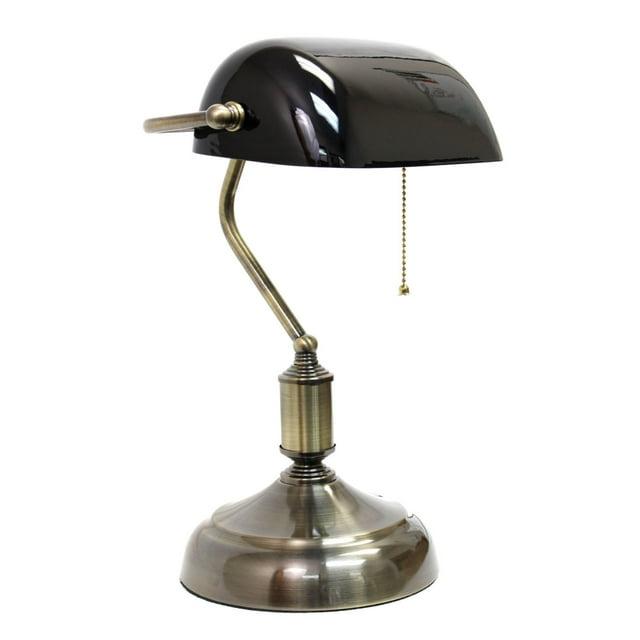 Executive Banker's Desk Lamp with Glass Shade Black - Simple Designs: ETL Listed, Metal Body, Pull Chain
