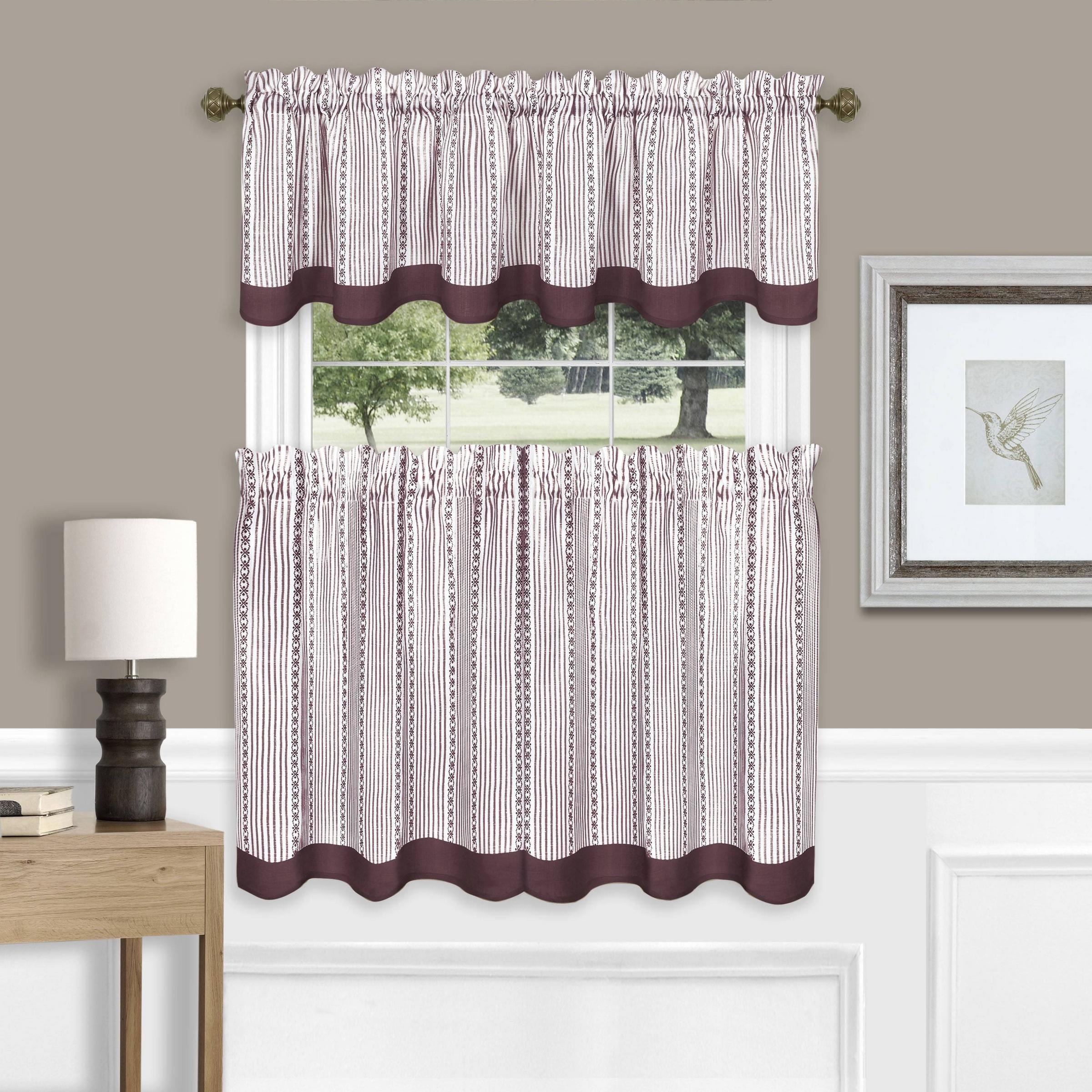 Burgundy Scalloped Edge Polyester Tier Curtains and Valance Set